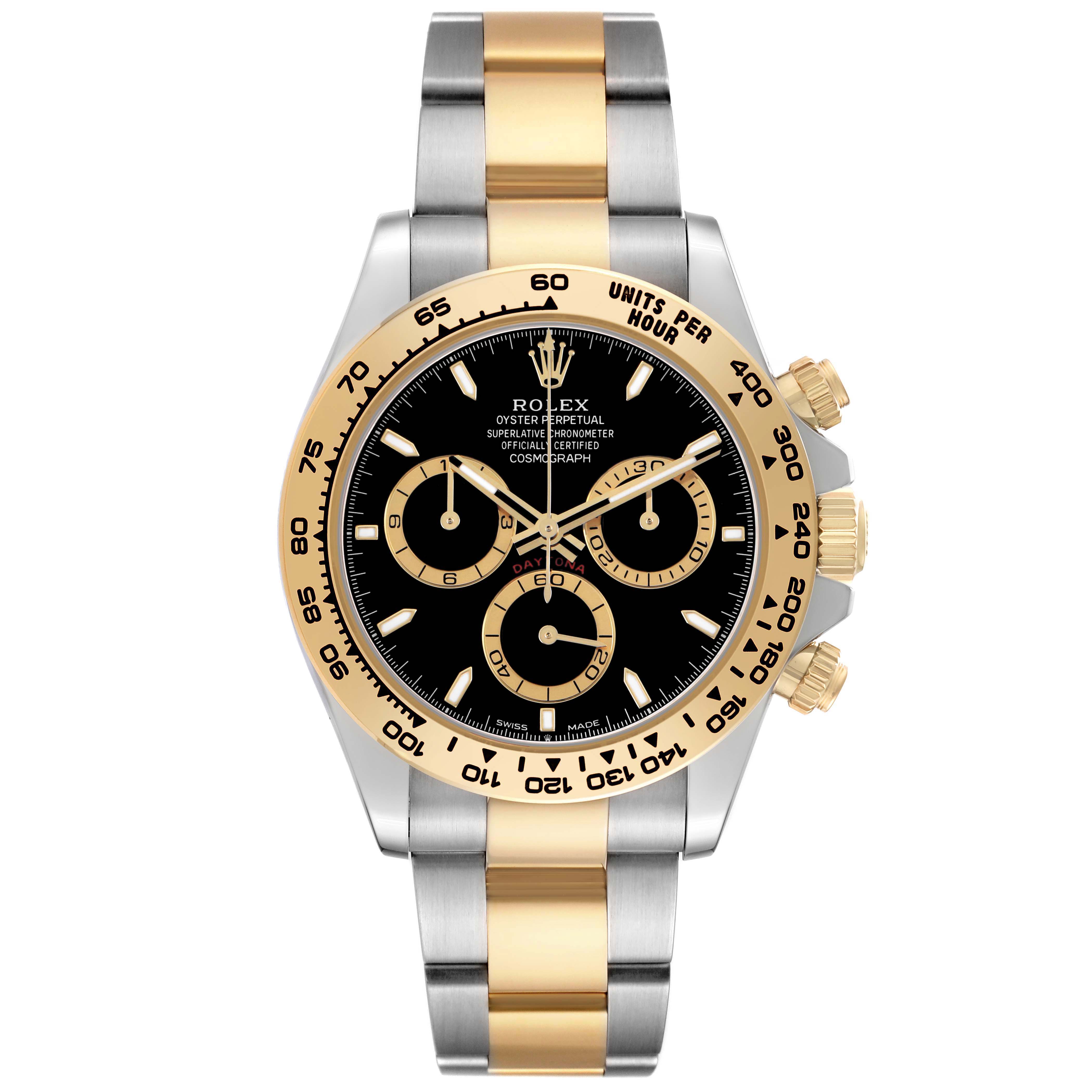 The Rolex Daytona 126503 Men's Steel and Gold (two tone) Black Dial is shown from the front, highlighting the bezel, dial, subdials, and two-tone bracelet.