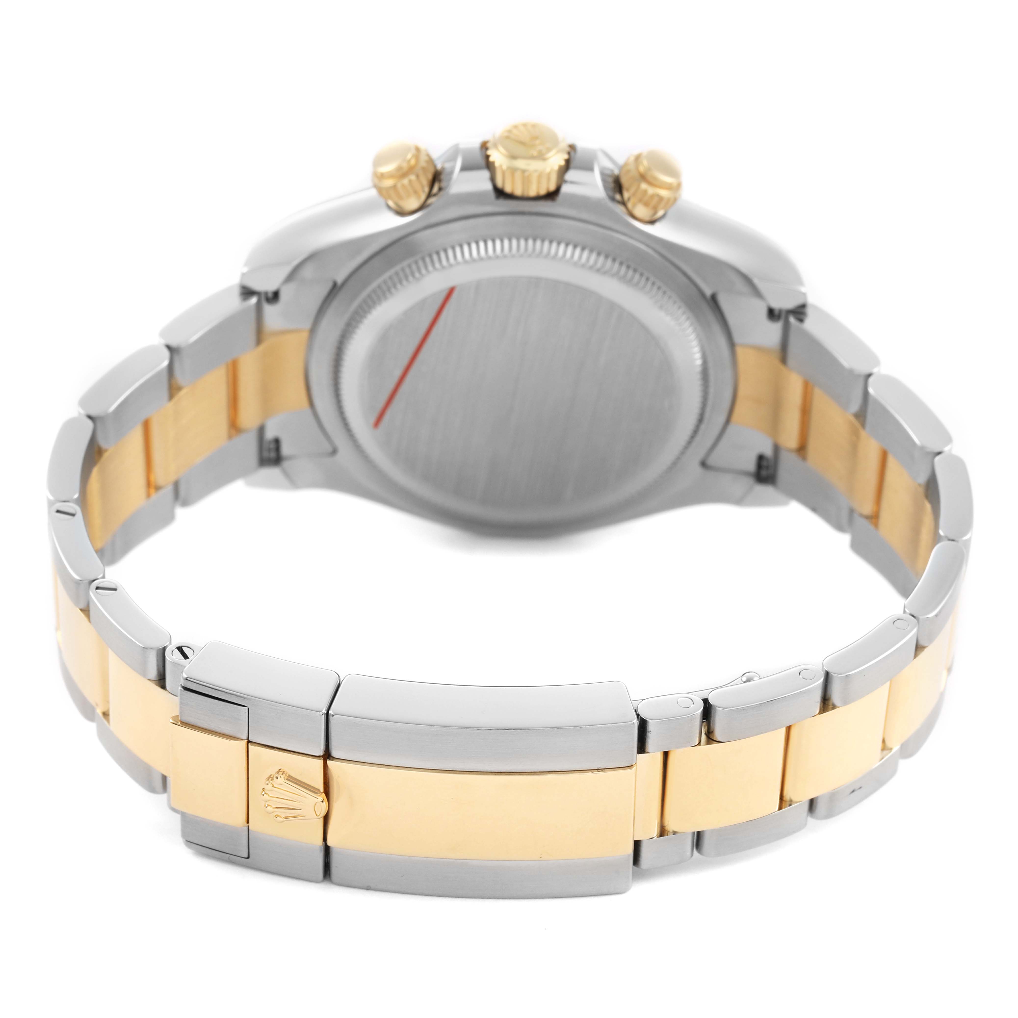 The Rolex Daytona 126503 Men's Steel and Gold (two tone) Black Dial watch is shown from the back, highlighting the bracelet, clasp, and case back.