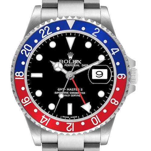 The Rolex GMT-Master 16710 Men's Stainless Steel Black Dial watch is shown from a top-down angle, highlighting the bezel, dial, and bracelet.