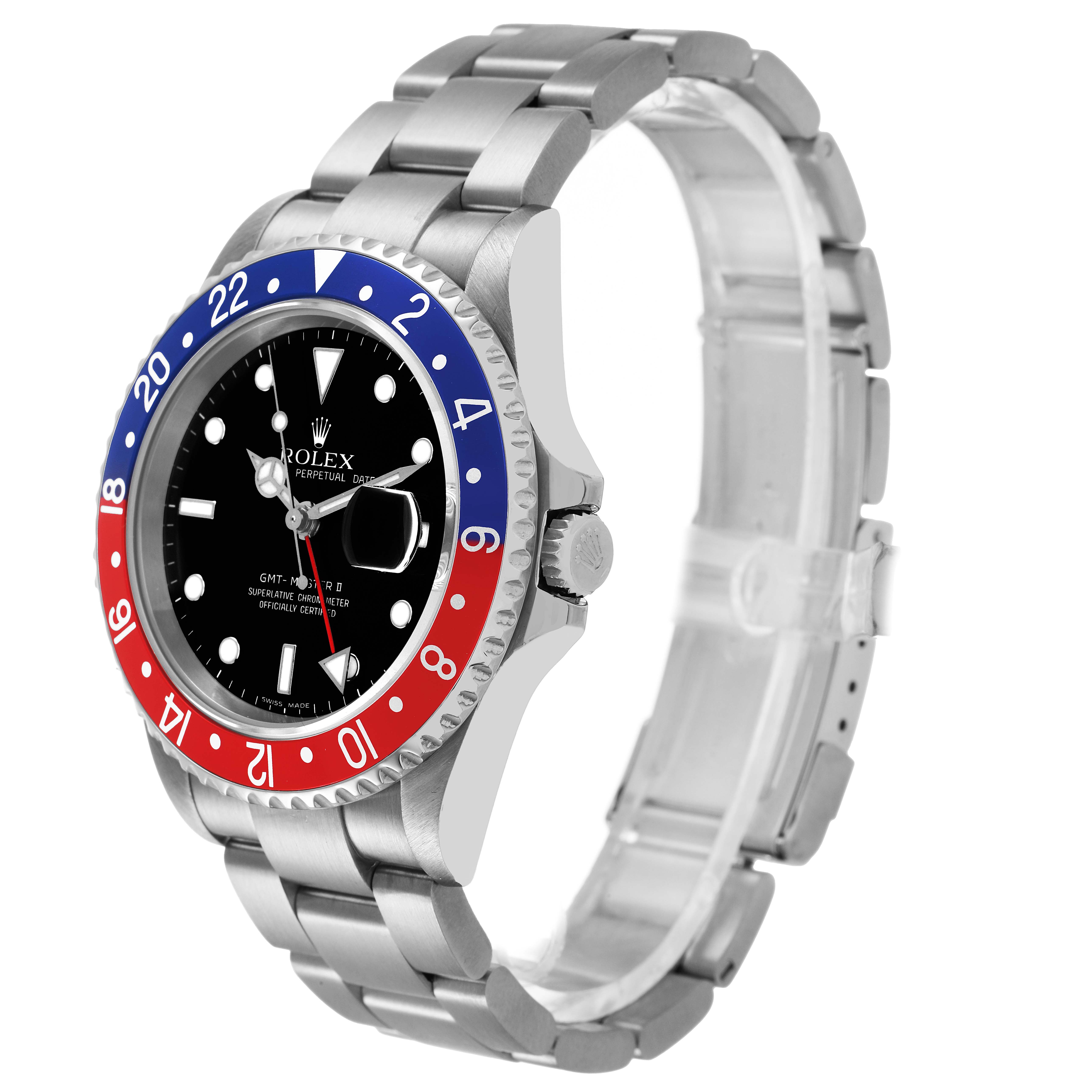 The Rolex GMT-Master 16710 Men's Stainless Steel Black Dial watch is shown at a three-quarter angle, displaying the bezel, dial, crown, and bracelet.