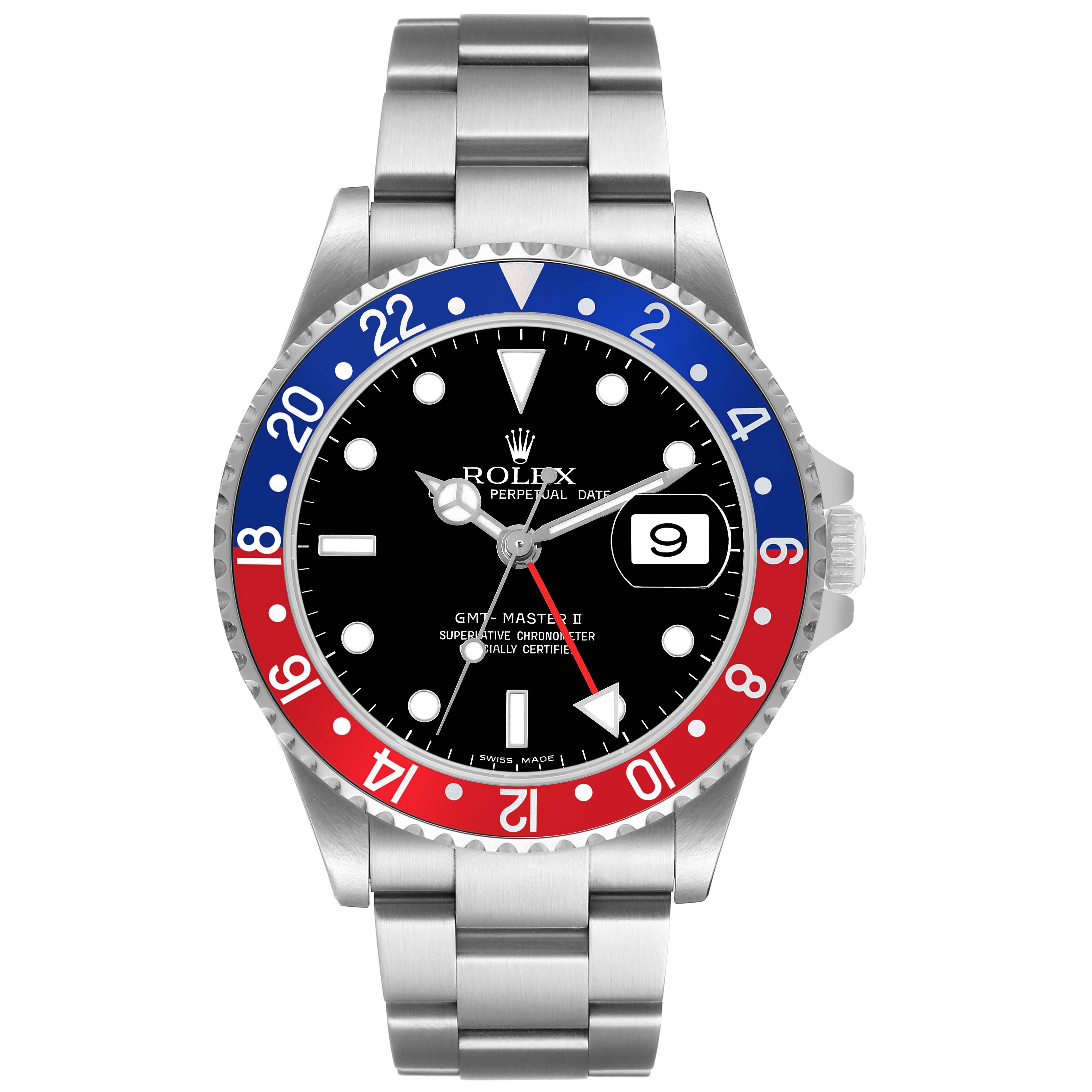 This Rolex GMT-Master 16710 Men's Stainless Steel Black Dial model is shown from the front, displaying the dial, bezel, and bracelet clearly.