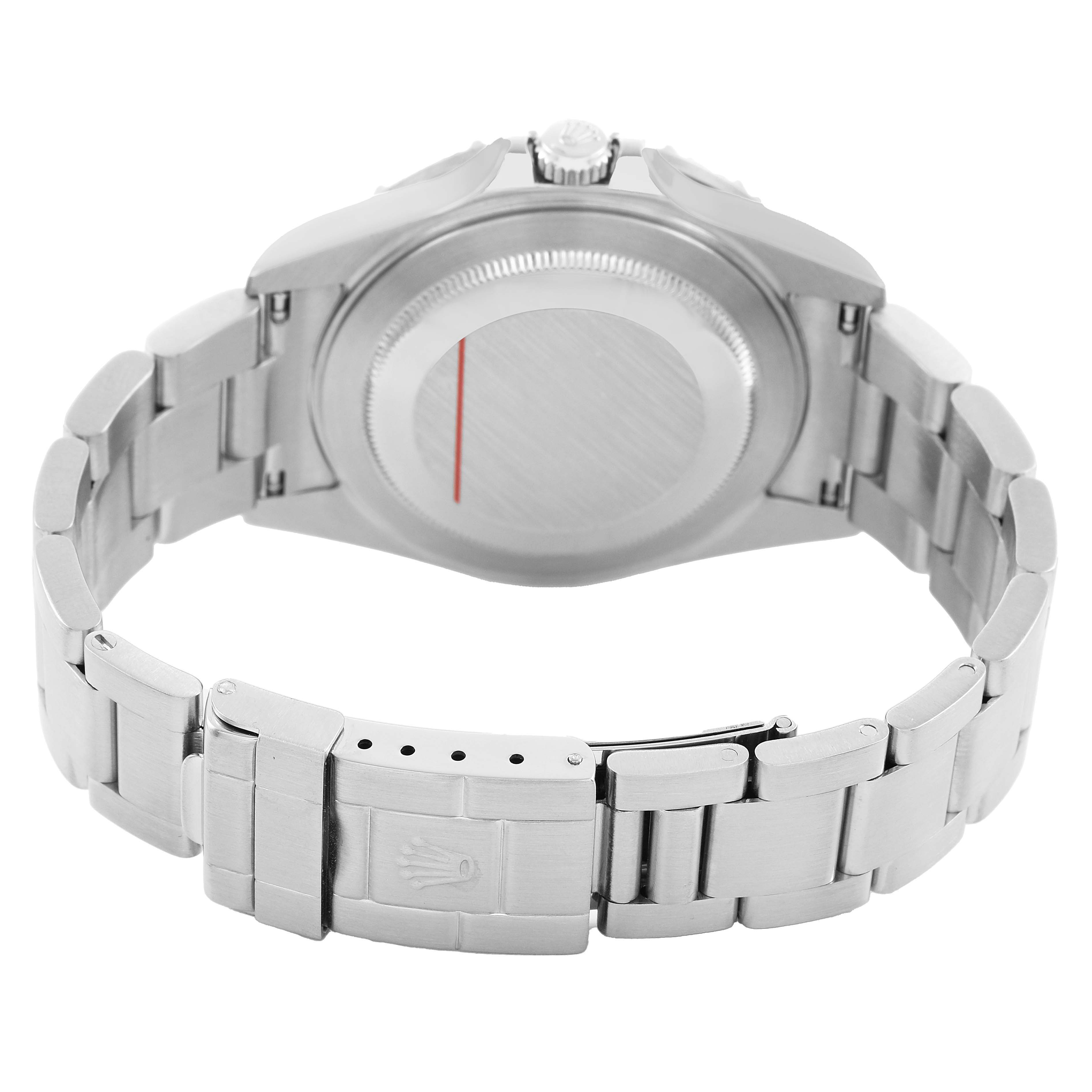 The image displays the back casing and bracelet clasp of the Rolex GMT-Master 16710 Men's Stainless Steel Black Dial watch from a rear angle.