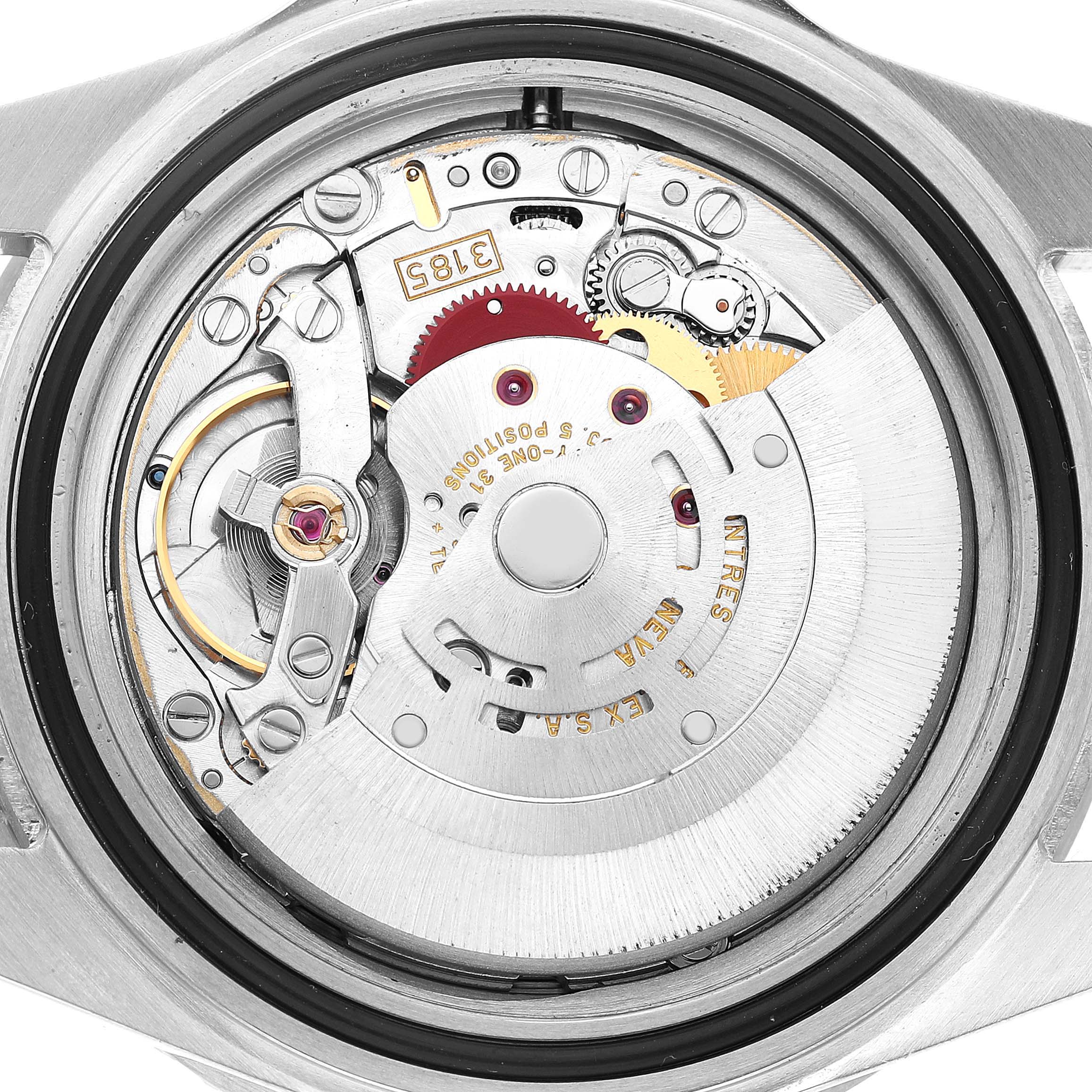 The image shows the movement of a Rolex GMT-Master 16710 Men's Stainless Steel Black Dial watch, highlighting gears and the rotor from a back view.