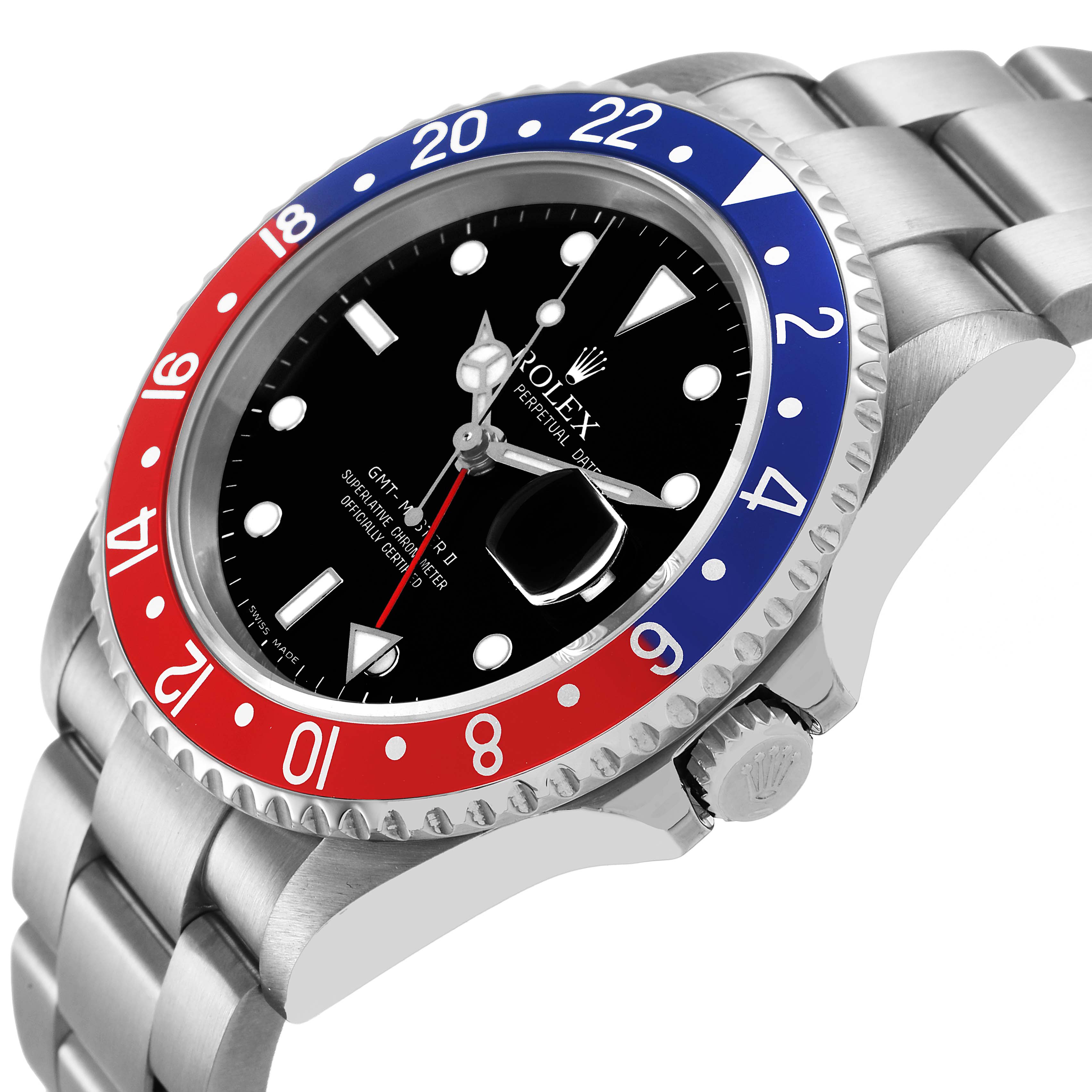 The Rolex GMT-Master 16710 Men's Stainless Steel Black Dial watch is shown at a slight angle featuring the bezel, crown, and part of the bracelet.