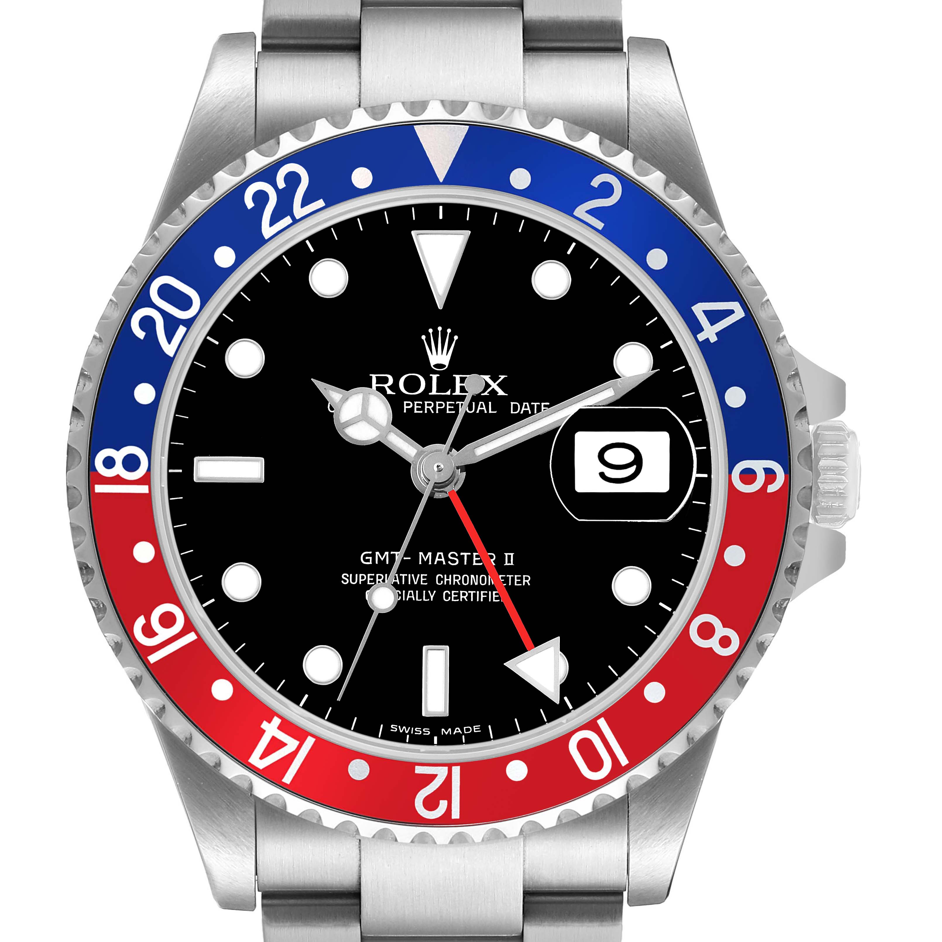 The Rolex GMT-Master 16710 Men's Stainless Steel Black Dial model is shown from the front, highlighting the bezel, dial, hands, and date window.