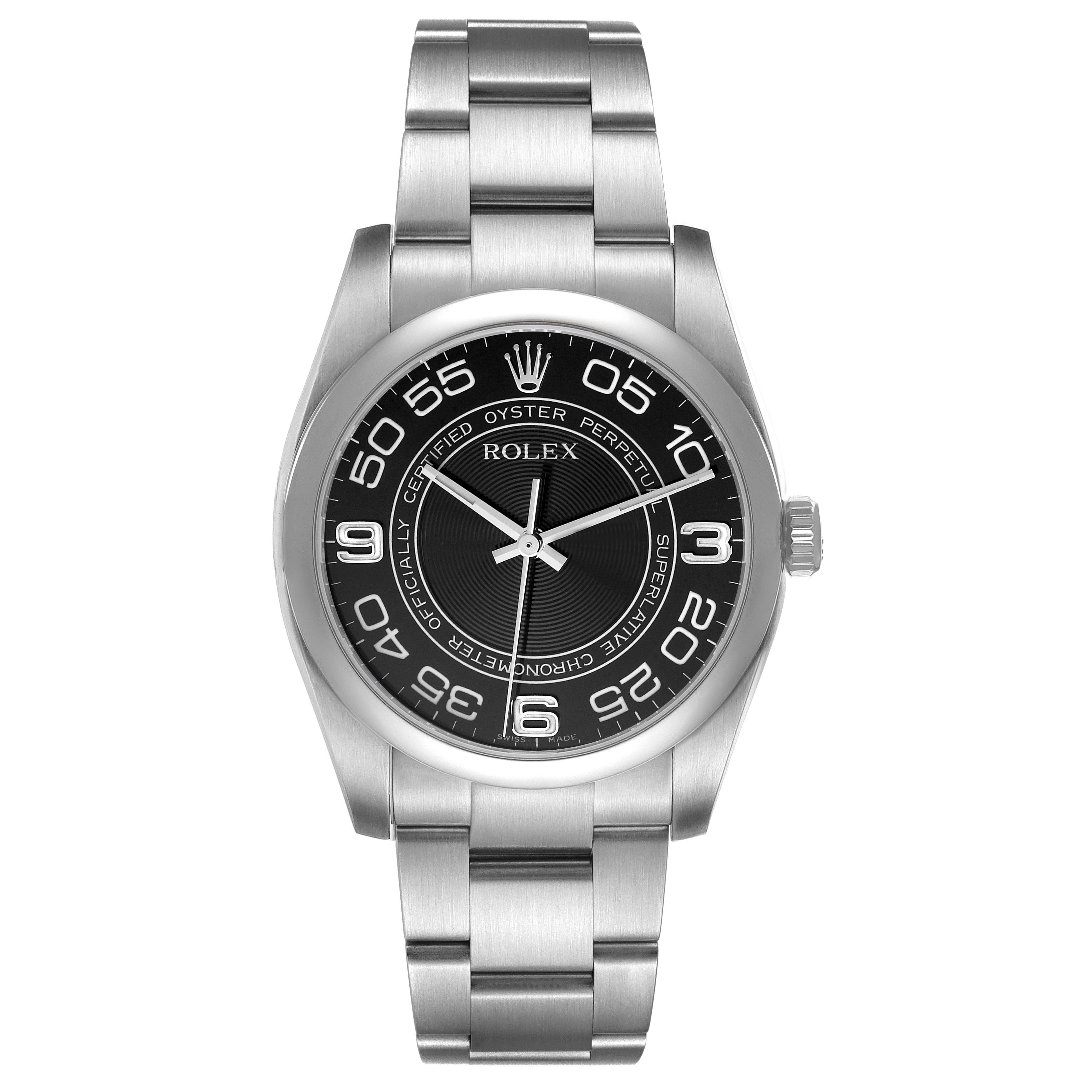 The image shows a front view of the Rolex Oyster Perpetual 116000 Men's Stainless Steel Black Dial 116000 Men's Stainless Steel Black Dial watch, displaying its dial, bezel, and bracelet.