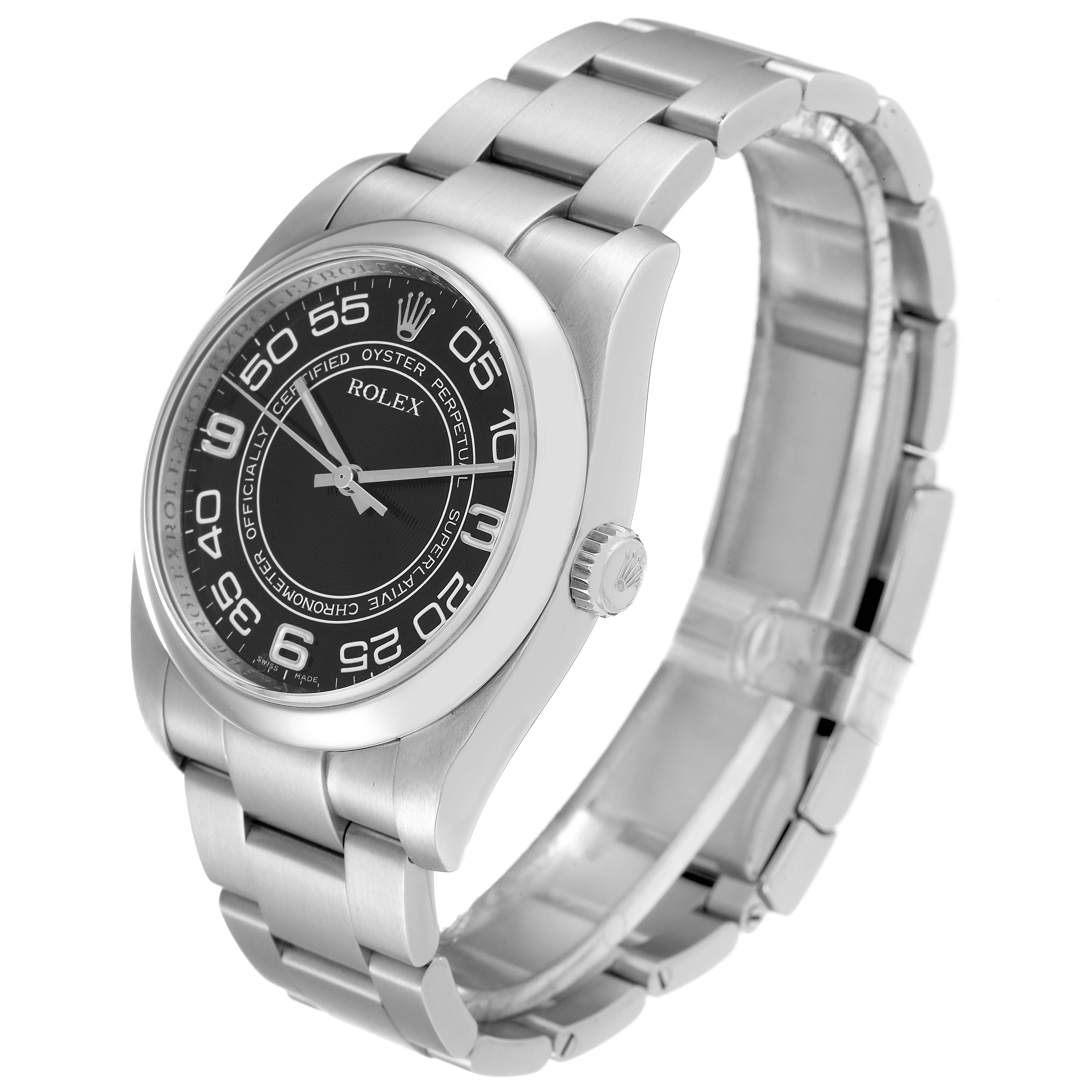 The image shows a side view of a Rolex Oyster Perpetual 116000 Men's Stainless Steel Black Dial 116000 Men's Stainless Steel Black Dial watch, highlighting the bracelet, case, bezel, crown, and black dial.