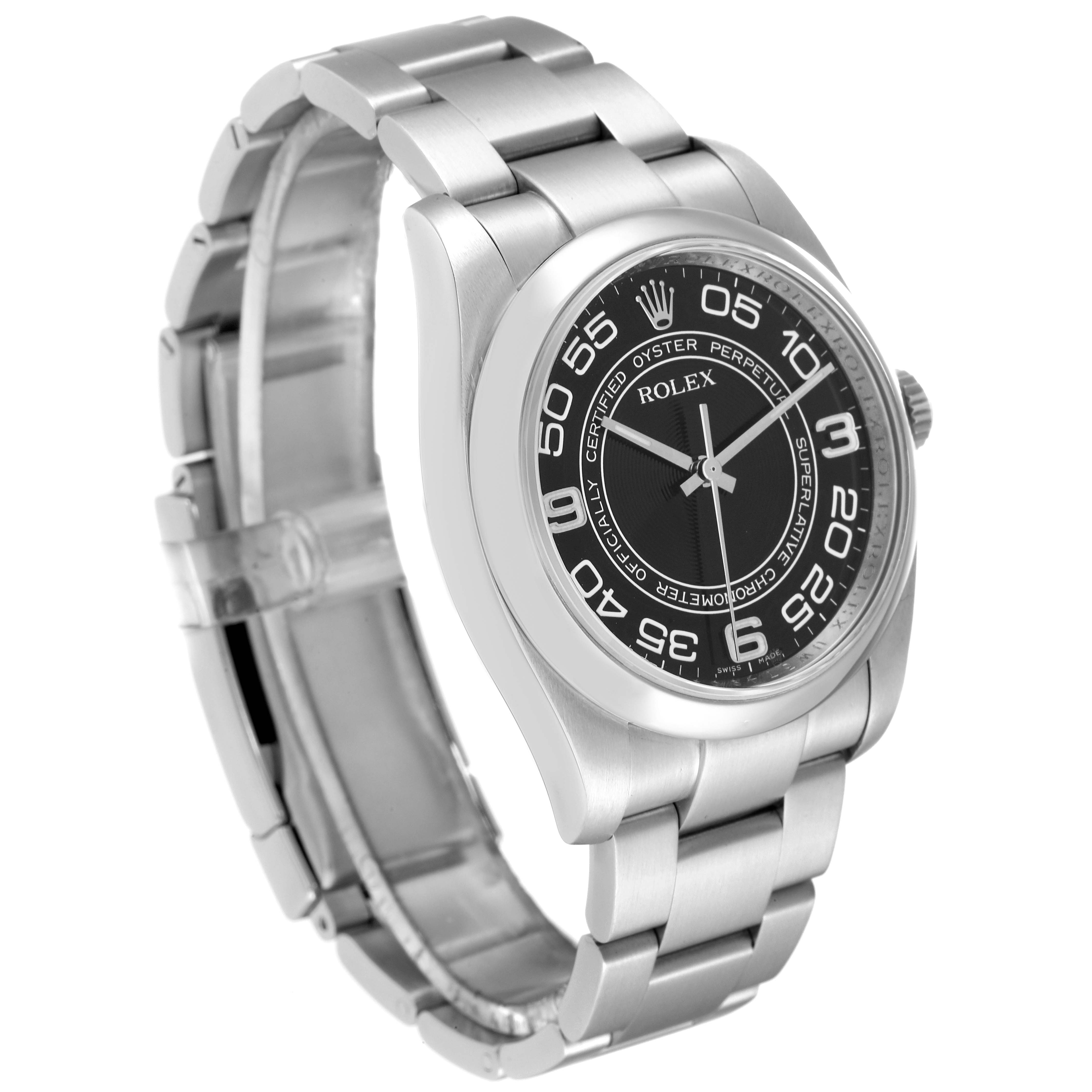 The image shows an angled view of a Rolex Oyster Perpetual 116000 Men's Stainless Steel Black Dial 116000 Men's Stainless Steel Black Dial watch featuring its black dial, stainless steel case, and bracelet.