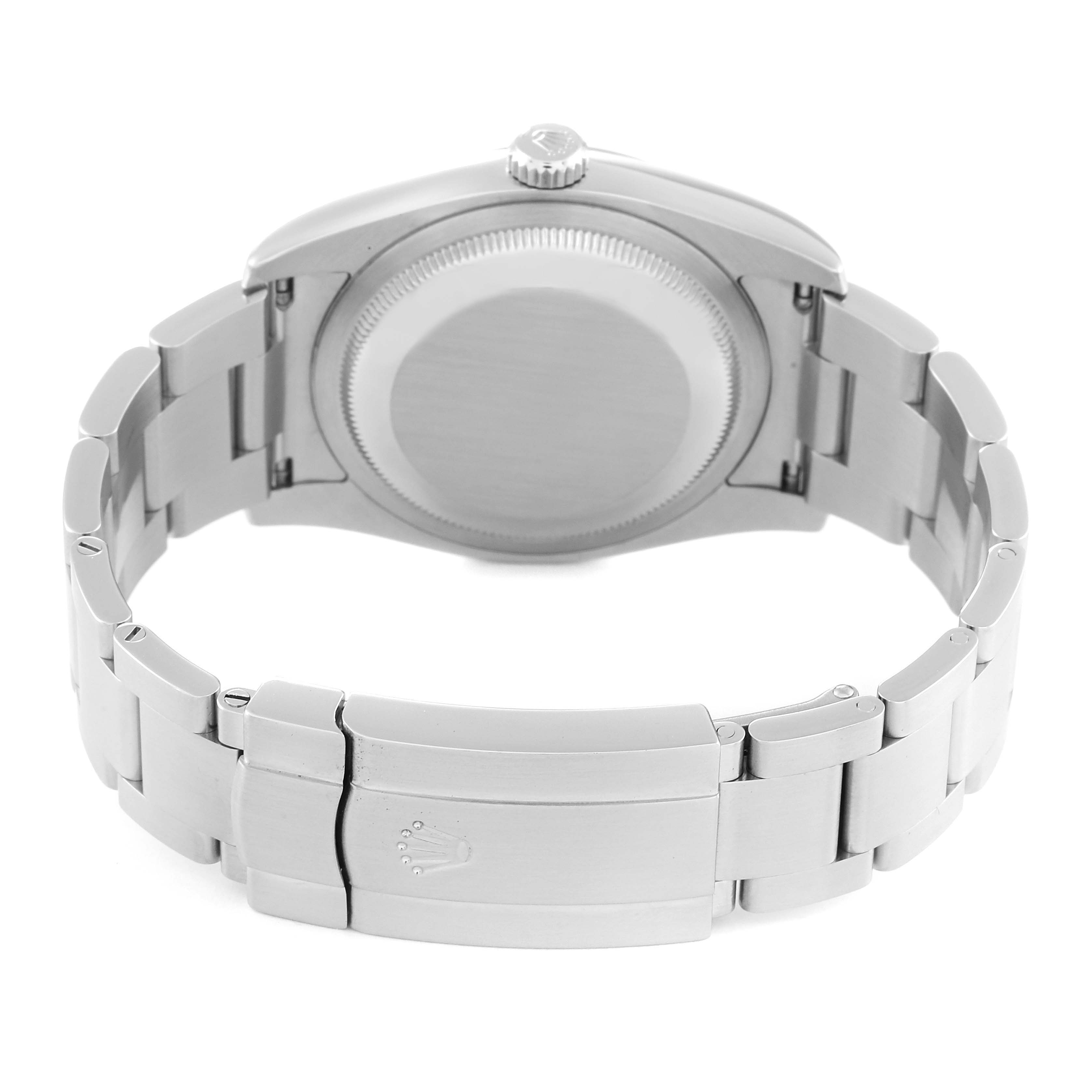 This image shows the back case and bracelet clasp of a Rolex Oyster Perpetual 116000 Men's Stainless Steel Black Dial 116000 Men's Stainless Steel Black Dial watch from a rear angle.