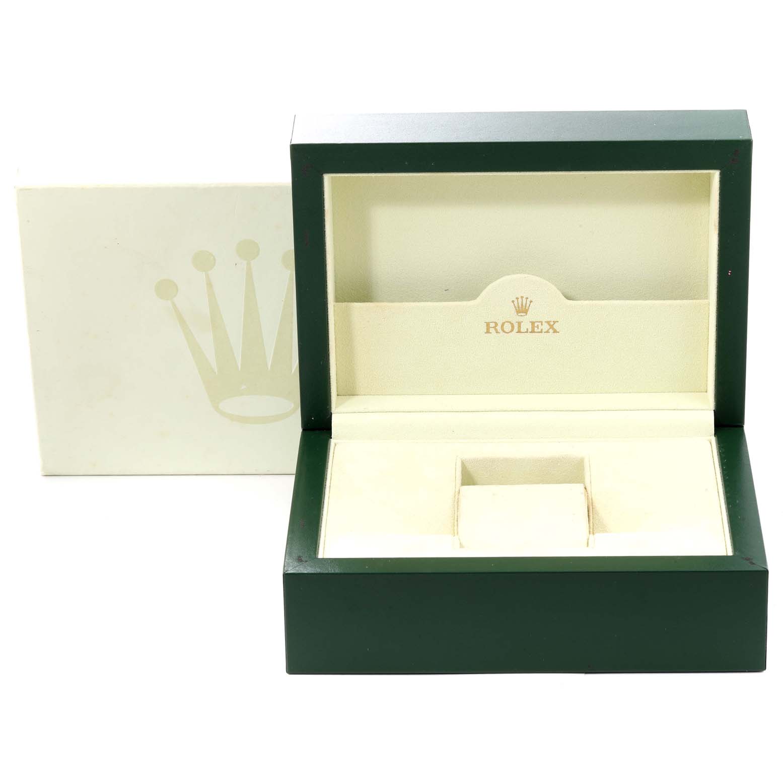 This image shows an open green and cream-colored Rolex Oyster Perpetual 116000 Men's Stainless Steel Black Dial 116000 Men's Stainless Steel Black Dial watch box.