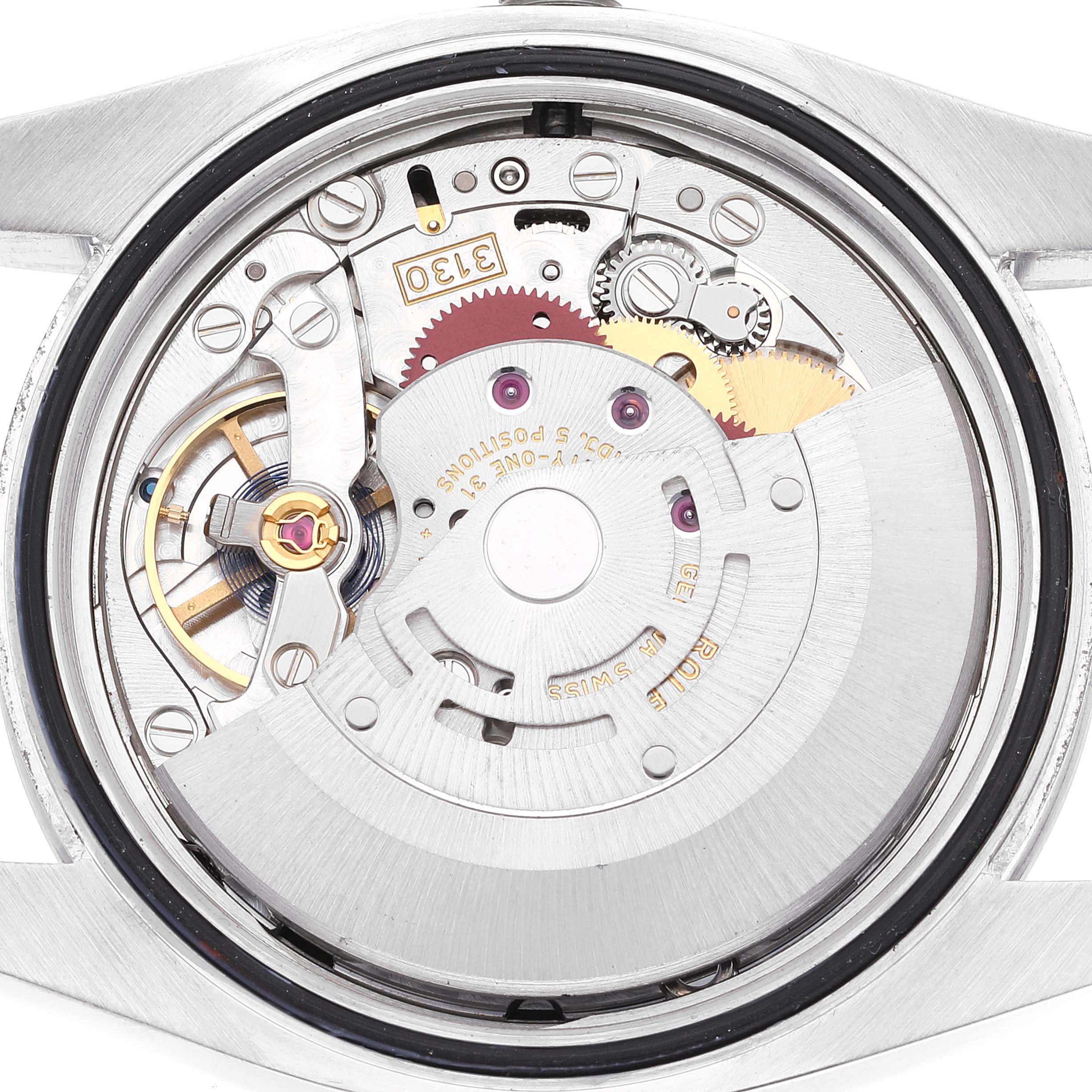 The image shows the back view of the Rolex Oyster Perpetual 116000 Men's Stainless Steel Black Dial 116000 Men's Stainless Steel Black Dial watch, displaying its intricate mechanical movement parts and gears.