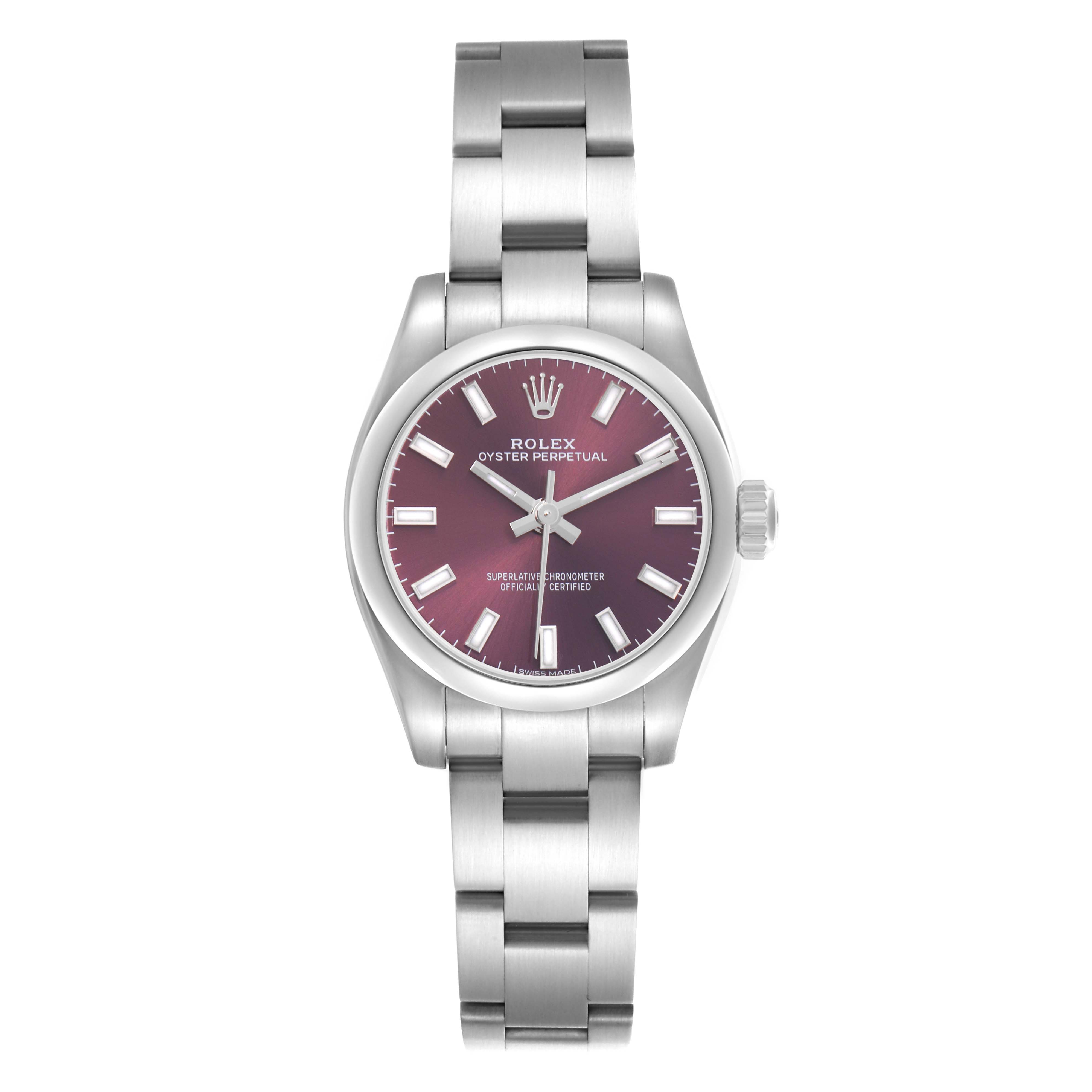 The Rolex Oyster Perpetual 176200 Women
s Stainless Steel Purple Dial 176200 Women
s Stainless Steel Purple Dial watch is shown from a front angle, displaying the dial, bracelet, and crown.