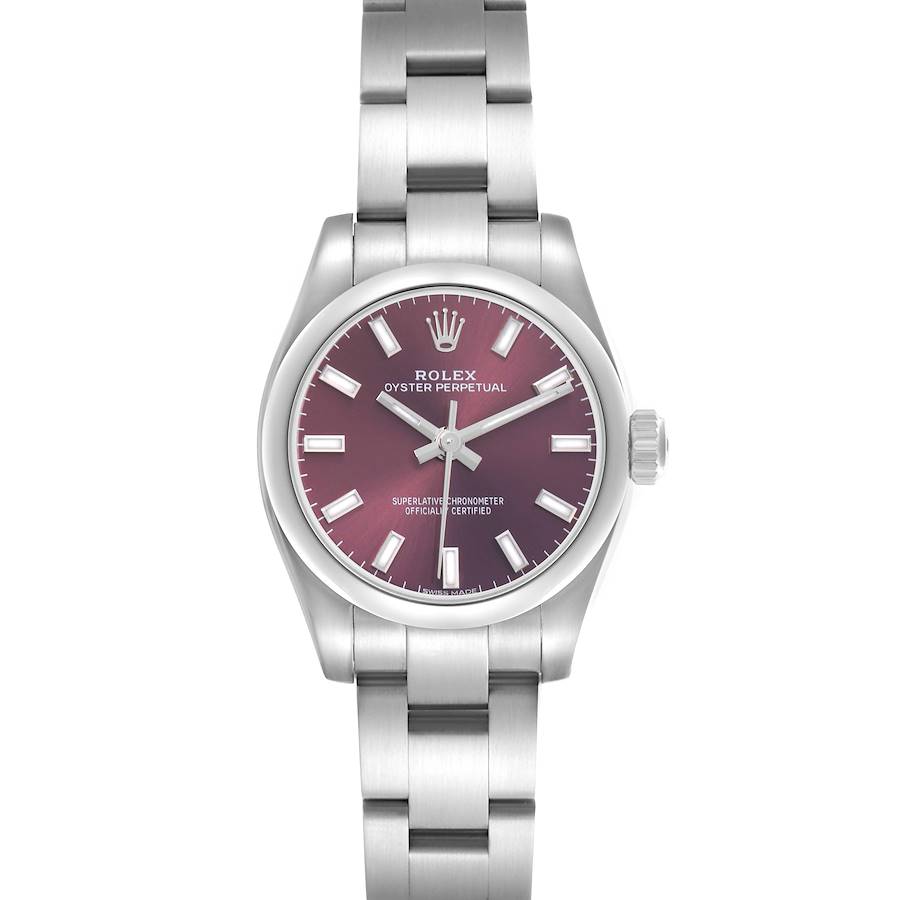 The Rolex Oyster Perpetual watch is shown from the front, highlighting the dial, case, and part of the bracelet.