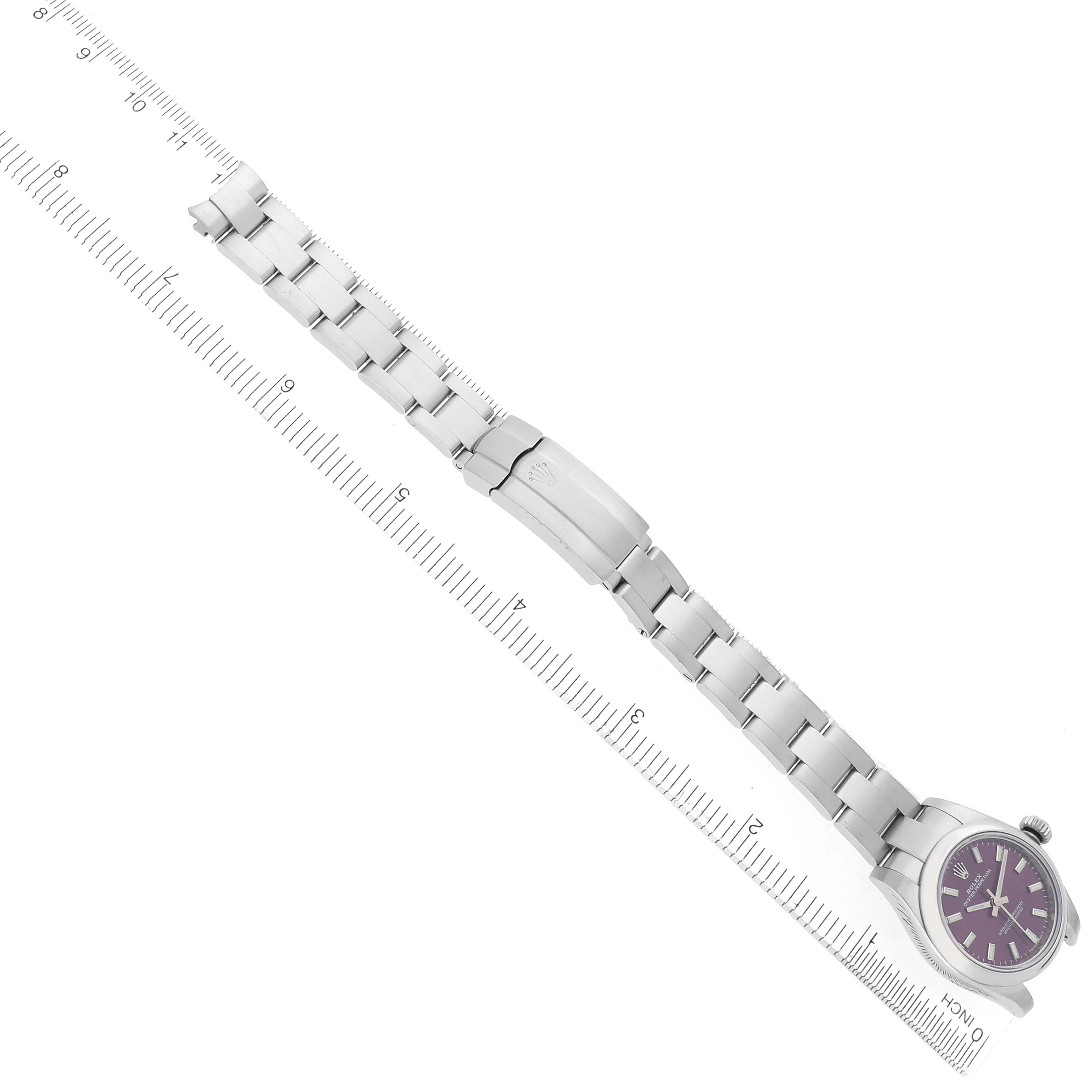 The Rolex Oyster Perpetual 176200 Women
s Stainless Steel Purple Dial 176200 Women
s Stainless Steel Purple Dial watch is shown from an overhead angle, featuring the full bracelet and clasp.