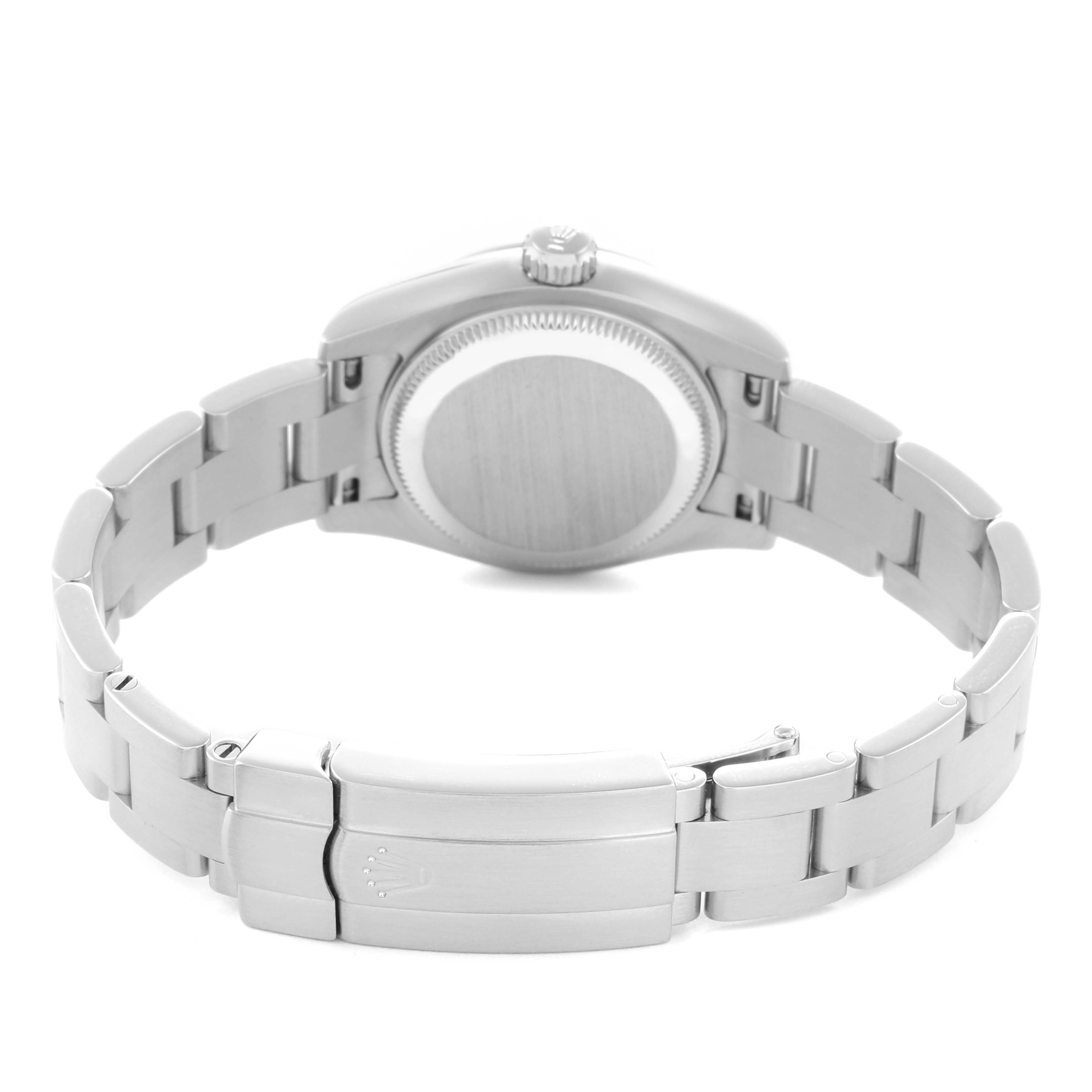 The Rolex Oyster Perpetual 176200 Women
s Stainless Steel Purple Dial 176200 Women
s Stainless Steel Purple Dial is shown from the back, highlighting the case back, crown, and bracelet with clasp.