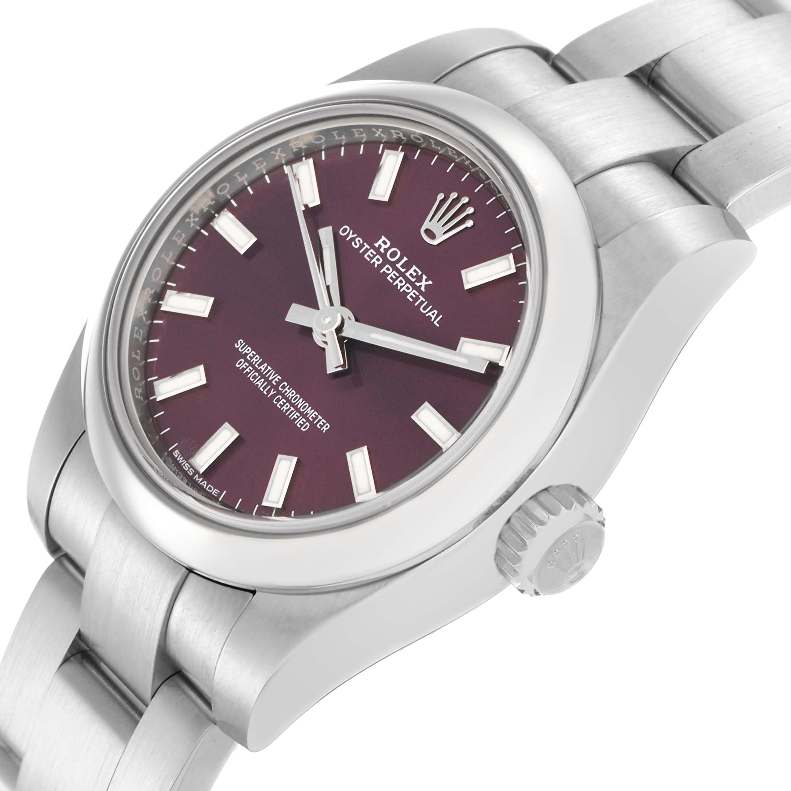 The Rolex Oyster Perpetual 176200 Women
s Stainless Steel Purple Dial 176200 Women
s Stainless Steel Purple Dial watch is shown at a slight angle, displaying the face, bezel, crown, and part of the bracelet.