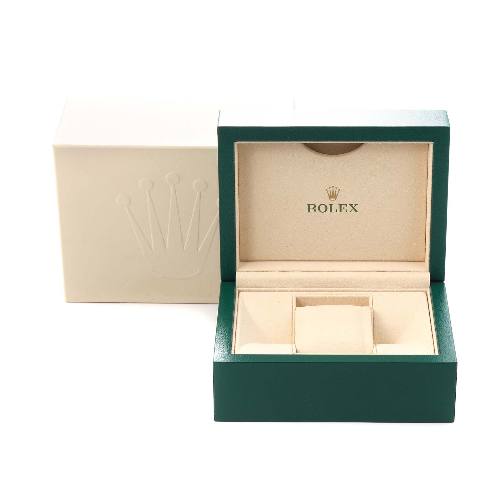 The image shows an open Rolex Oyster Perpetual 176200 Women
s Stainless Steel Purple Dial 176200 Women
s Stainless Steel Purple Dial watch box at an angle, revealing the interior and a separate outer box.