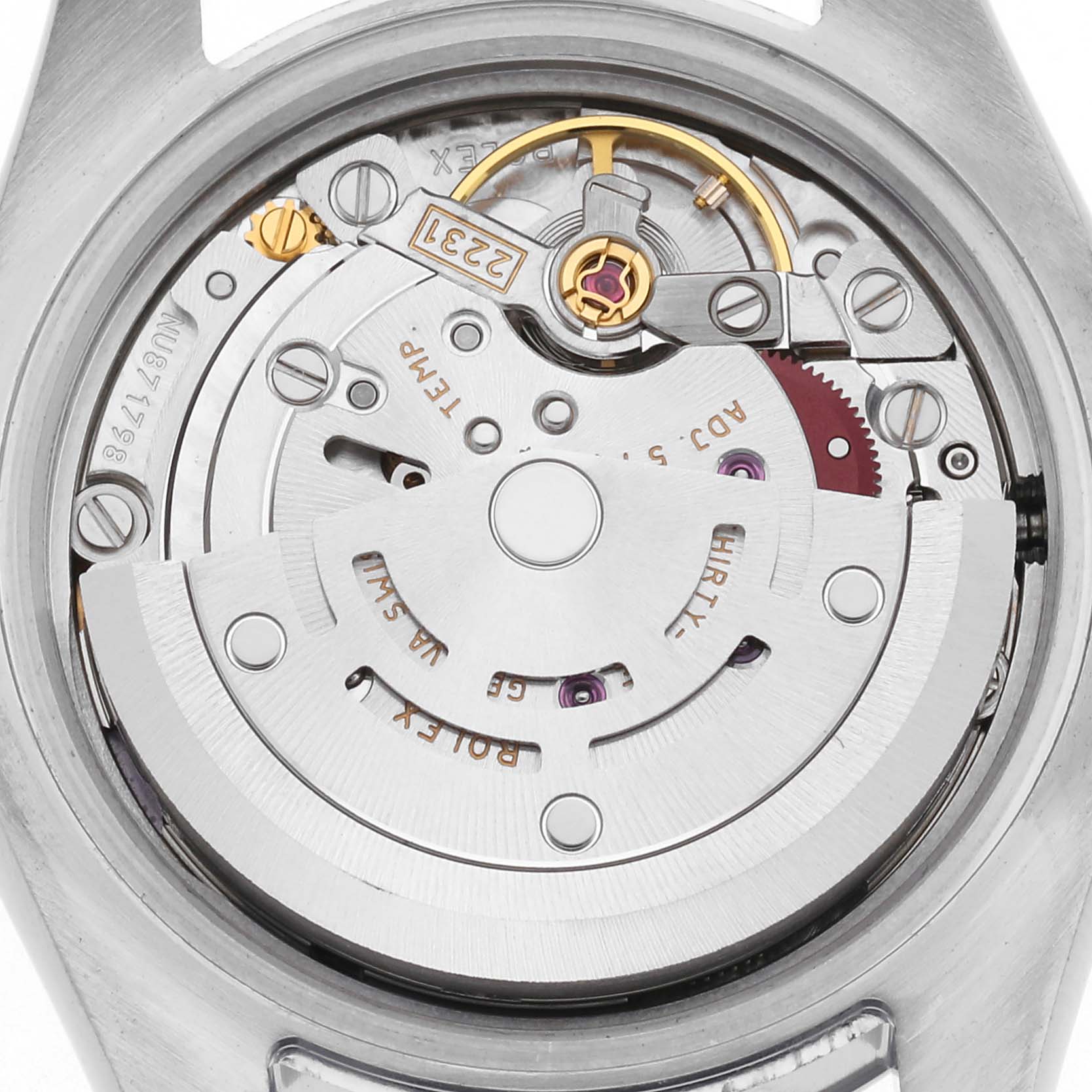 The image shows the back view of the Rolex Oyster Perpetual 176200 Women
s Stainless Steel Purple Dial 176200 Women
s Stainless Steel Purple Dial, displaying the intricate movement mechanism.