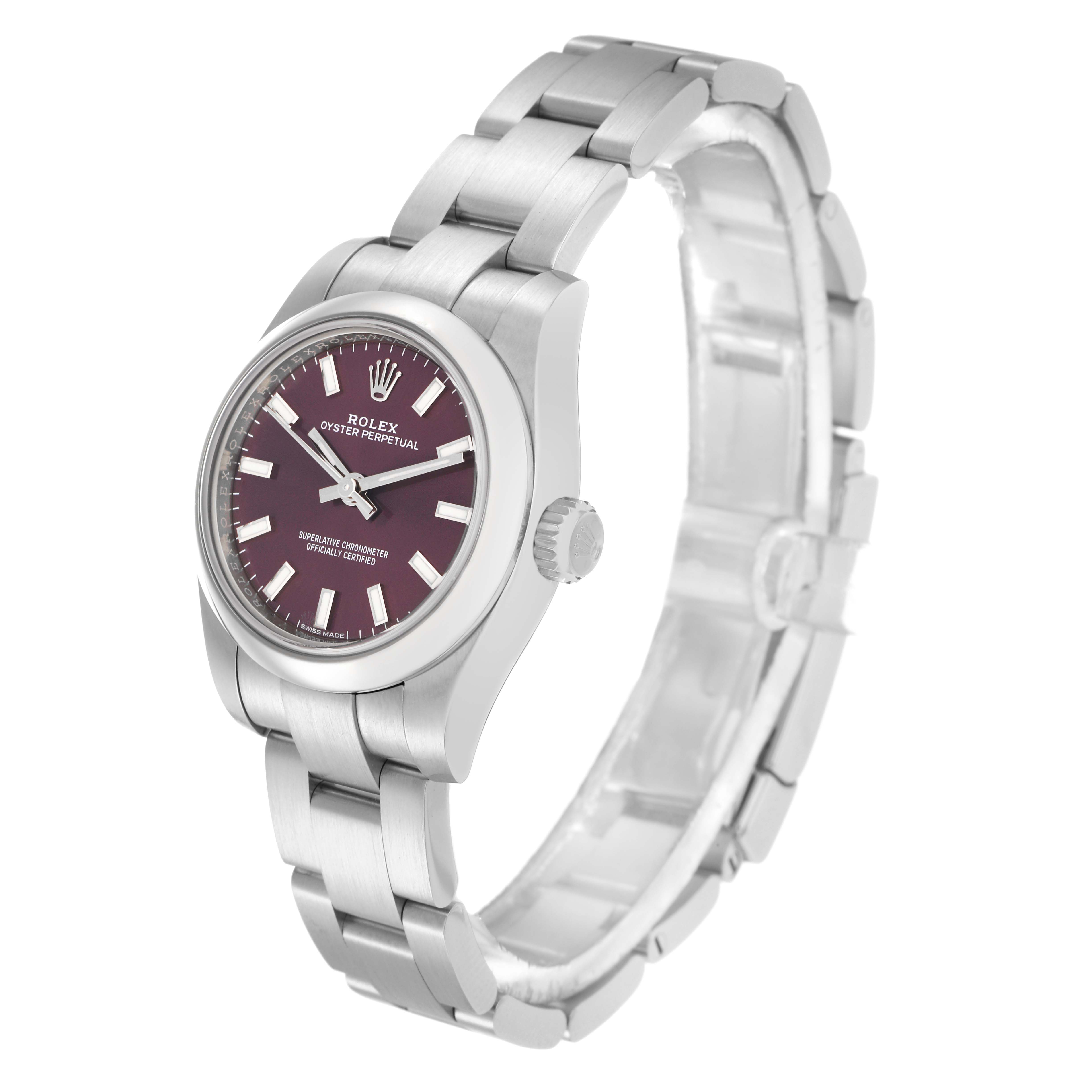 The Rolex Oyster Perpetual 176200 Women
s Stainless Steel Purple Dial 176200 Women
s Stainless Steel Purple Dial watch is shown at a three-quarter angle, highlighting the dial, bezel, crown, and bracelet.