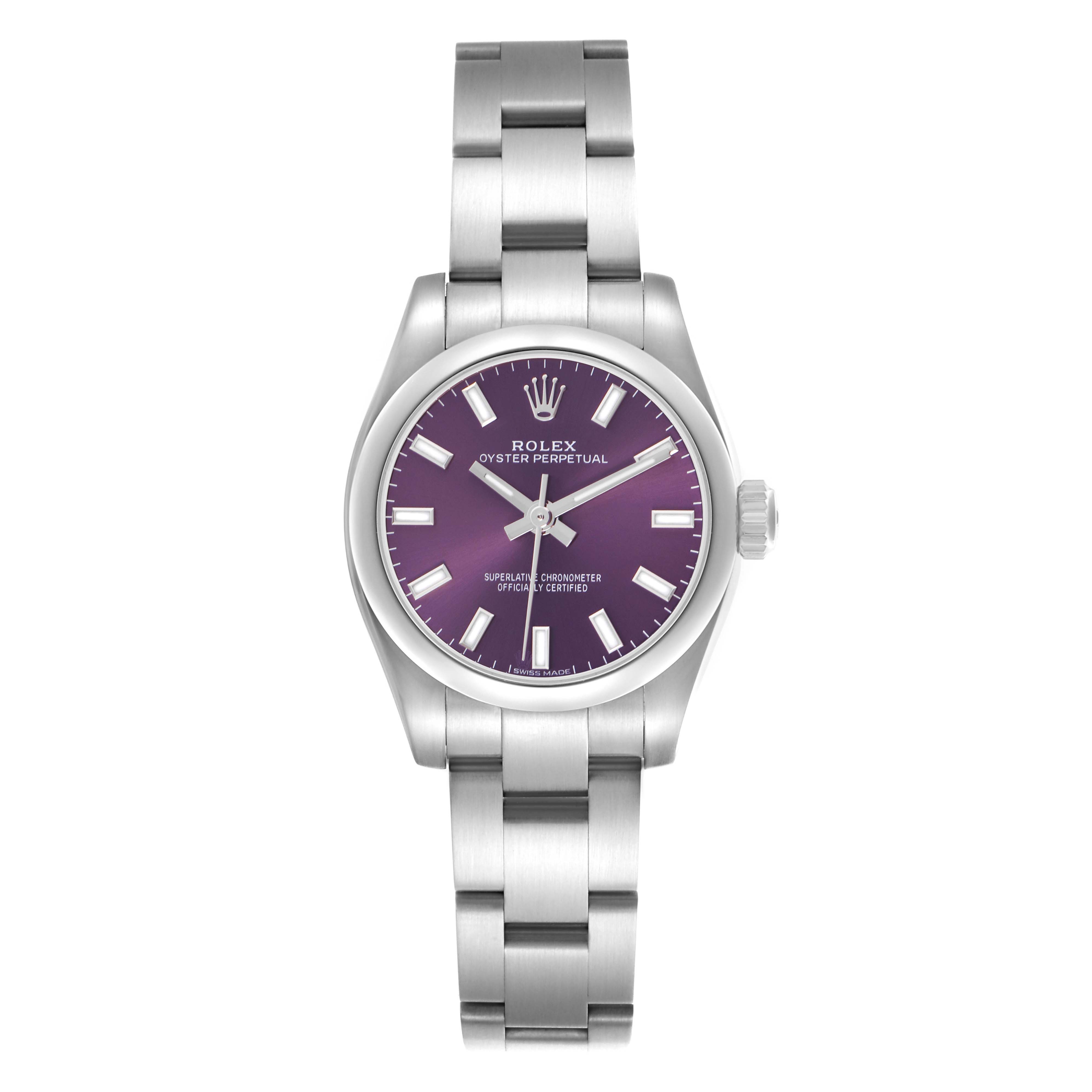 The Rolex Oyster Perpetual 176200 Women
s Stainless Steel Purple Dial 176200 Women
s Stainless Steel Purple Dial watch is shown from the front, displaying its face, bezel, crown, and bracelet.