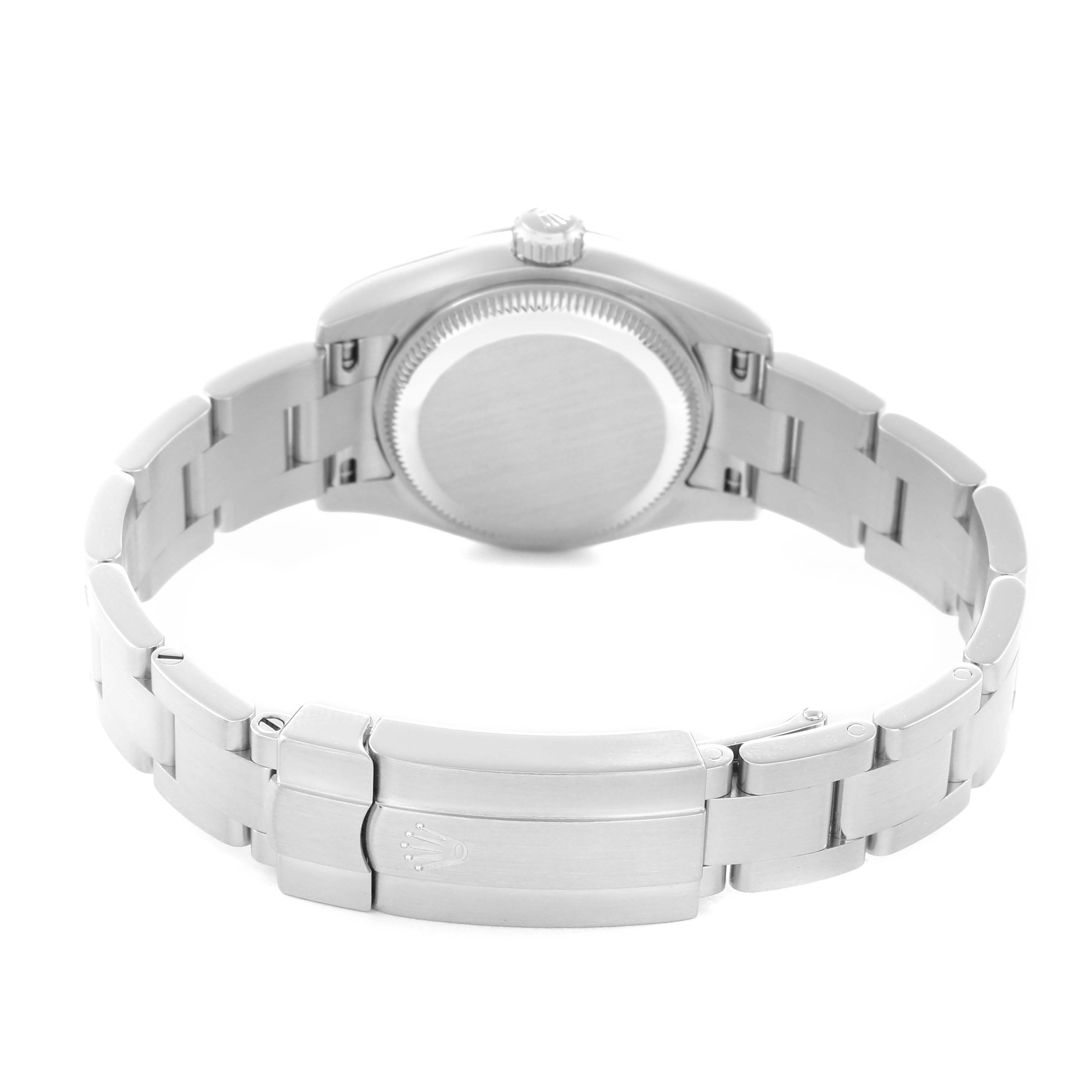 The image shows the back view of a Rolex Oyster Perpetual 176200 Women
s Stainless Steel Purple Dial 176200 Women
s Stainless Steel Purple Dial watch, highlighting its bracelet, clasp, and case back.