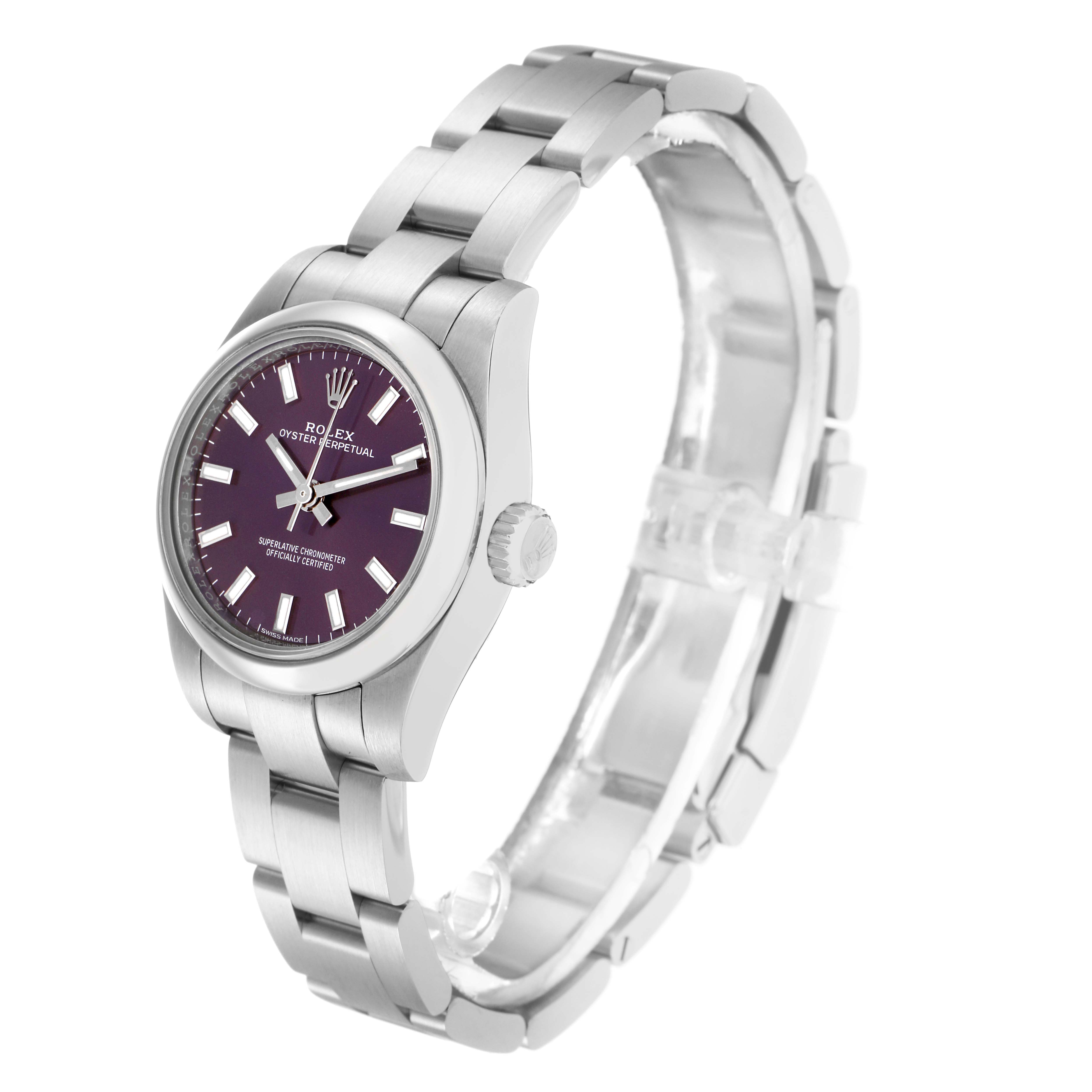 The Rolex Oyster Perpetual 176200 Women
s Stainless Steel Purple Dial 176200 Women
s Stainless Steel Purple Dial watch is shown from an angled side view, highlighting the dial, crown, and bracelet.