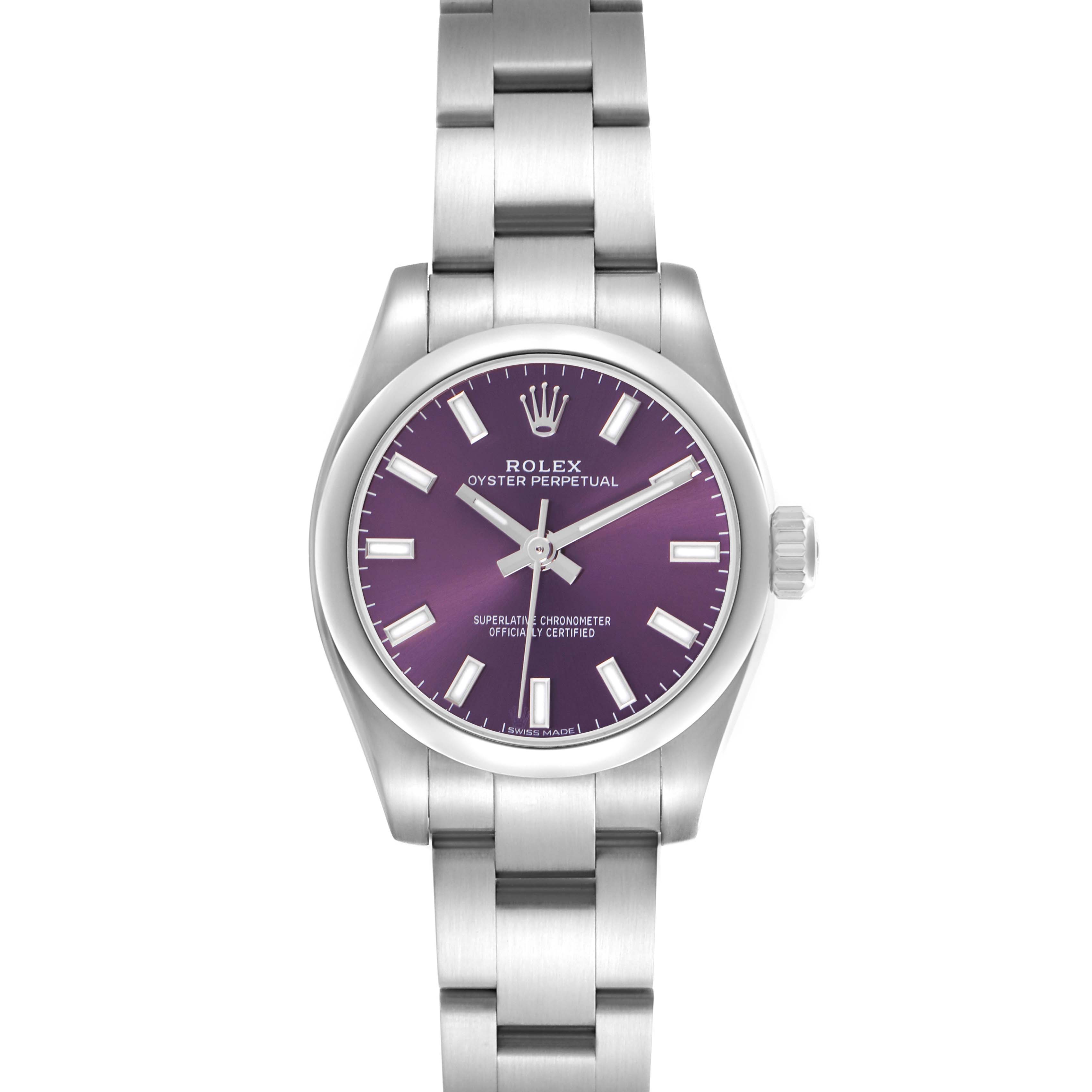 The Rolex Oyster Perpetual 176200 Women
s Stainless Steel Purple Dial 176200 Women
s Stainless Steel Purple Dial watch is shown from a front angle, displaying the face, hands, bezel, and part of the bracelet.