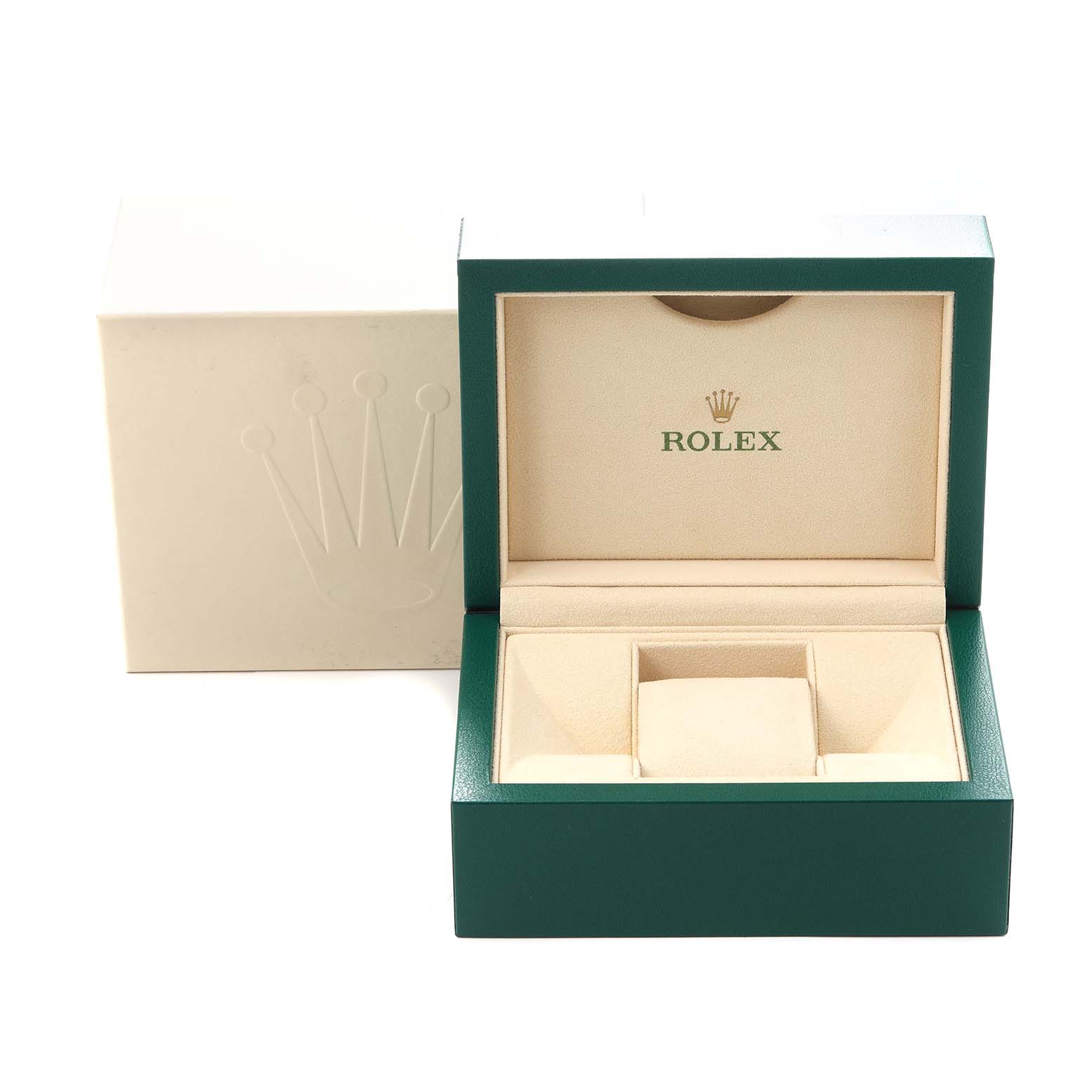 The image shows an open box for a Rolex Oyster Perpetual 176200 Women
s Stainless Steel Purple Dial 176200 Women
s Stainless Steel Purple Dial watch, displaying the interior compartment without the watch.