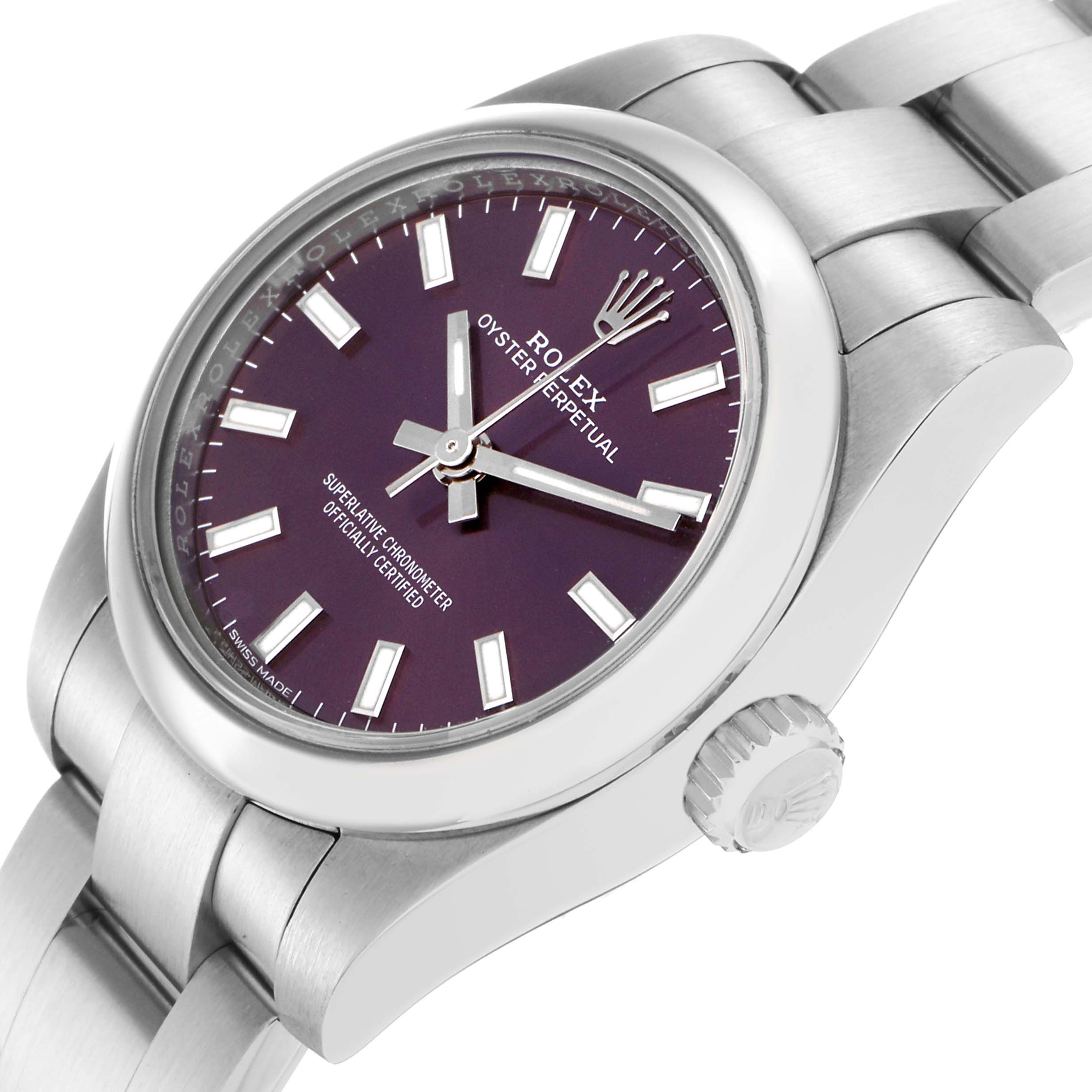 The Rolex Oyster Perpetual 176200 Women
s Stainless Steel Purple Dial 176200 Women
s Stainless Steel Purple Dial watch is shown from a side angle, highlighting the dial, crown, and bracelet.