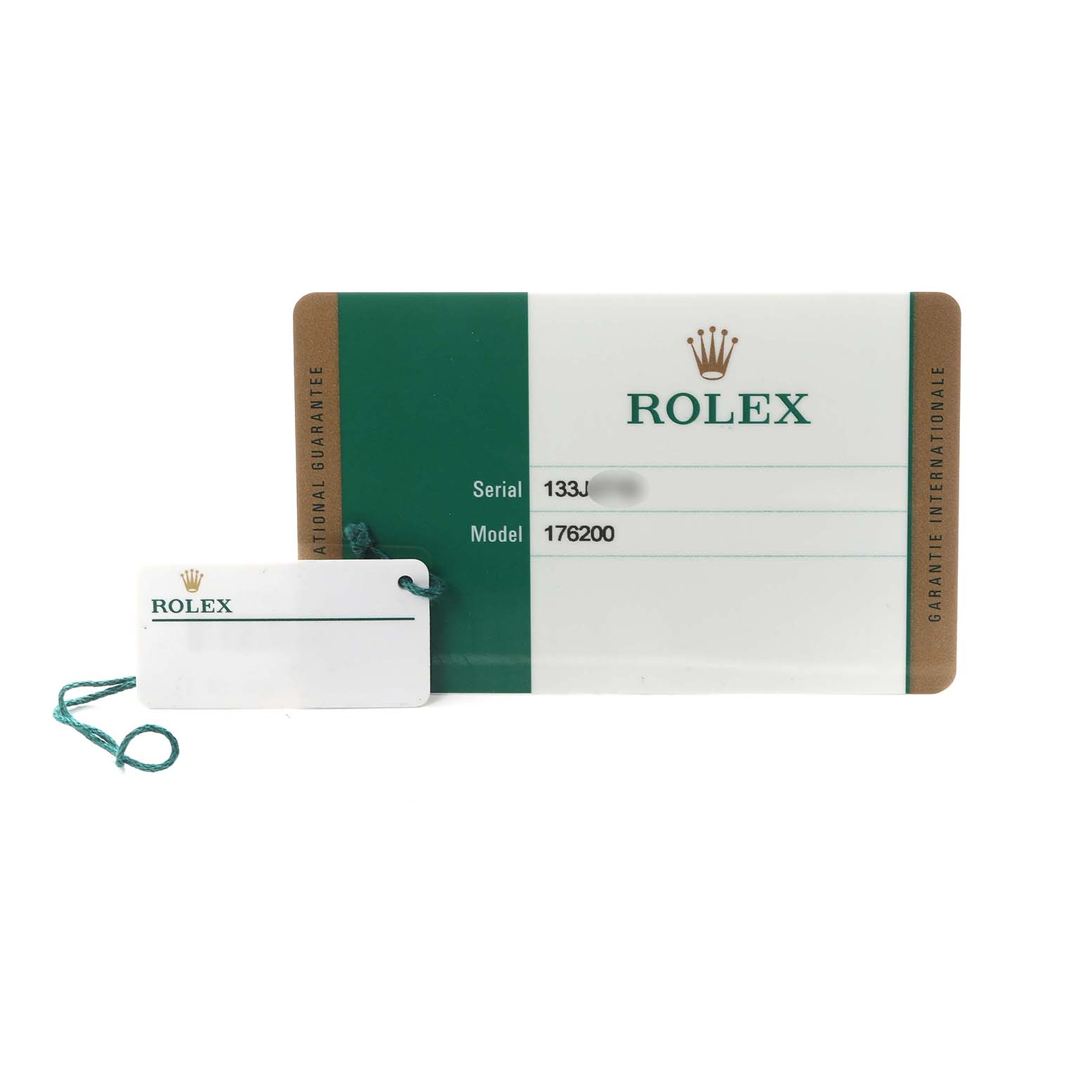 The image shows a Rolex Oyster Perpetual 176200 Women
s Stainless Steel Purple Dial 176200 Women
s Stainless Steel Purple Dial guarantee card and a tag, viewed from the front.