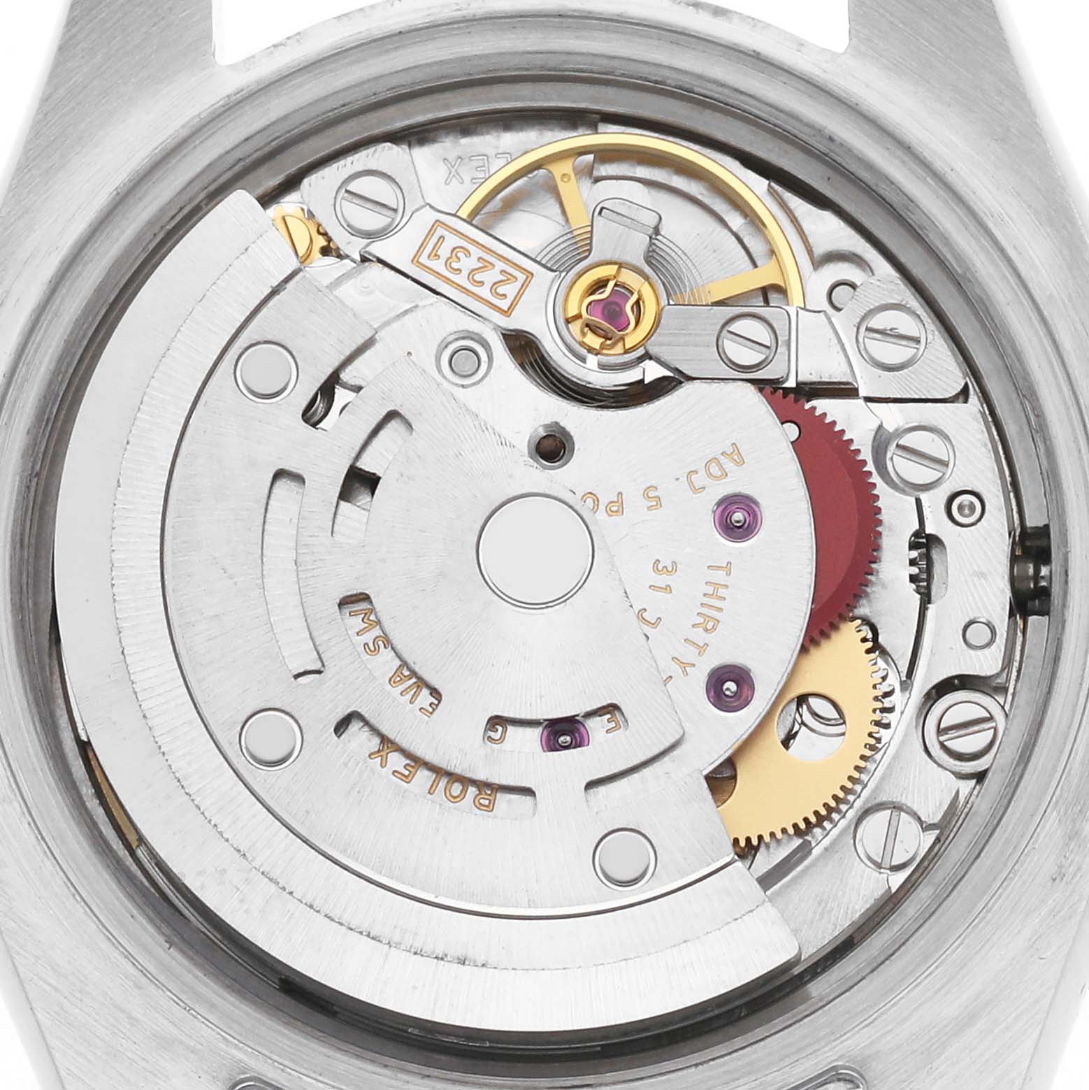 The image shows the Rolex Oyster Perpetual 176200 Women
s Stainless Steel Purple Dial 176200 Women
s Stainless Steel Purple Dial movement from a back angle, highlighting its intricate mechanical components.