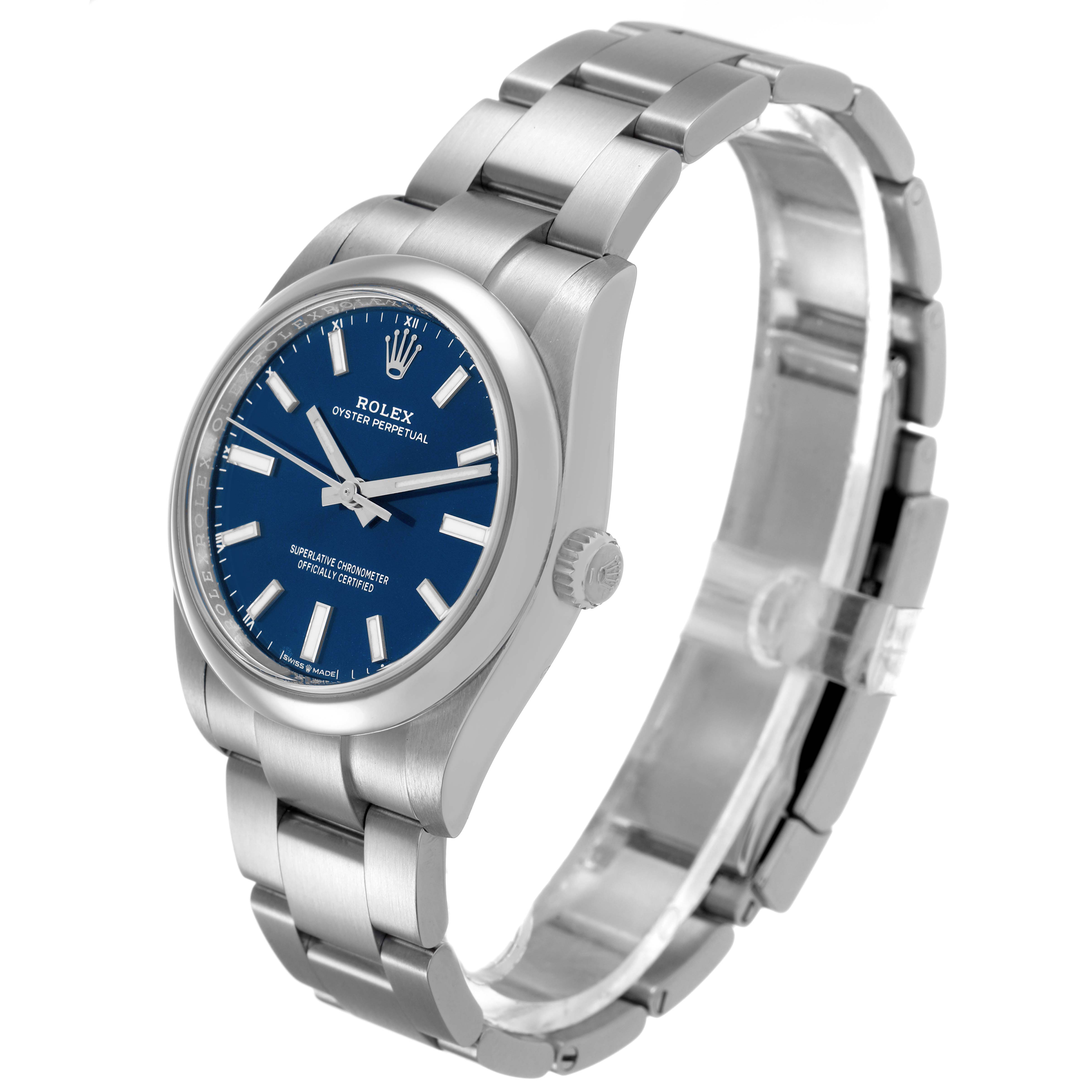 The Rolex Oyster Perpetual M124200-0003 Men's Stainless Steel Blue Dial watch is shown at a three-quarter angle, displaying its dial, bezel, crown, and metal bracelet.
