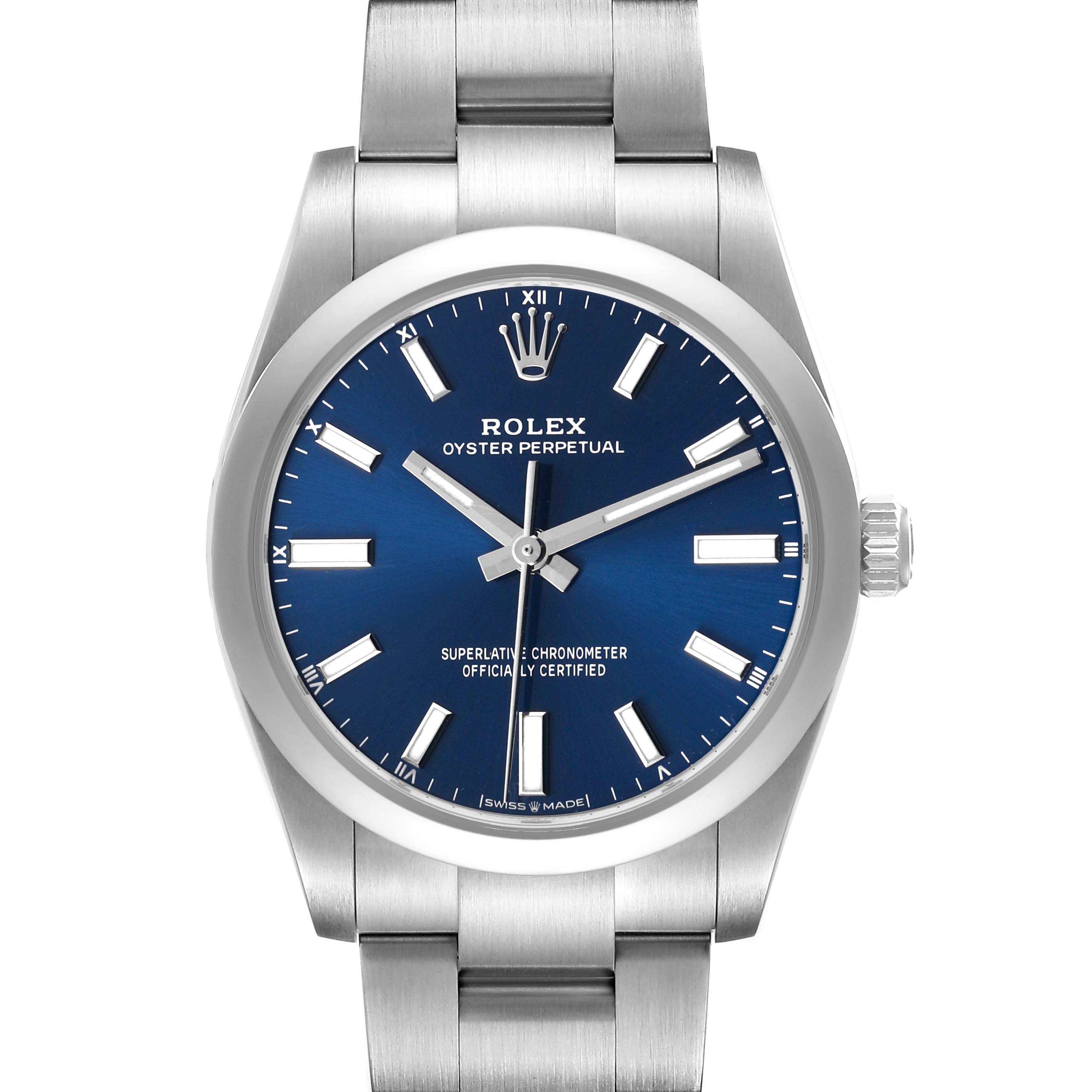 The Rolex Oyster Perpetual M124200-0003 Men's Stainless Steel Blue Dial watch is shown from the front, highlighting its blue dial, hour markers, hands, crown, and bracelet.