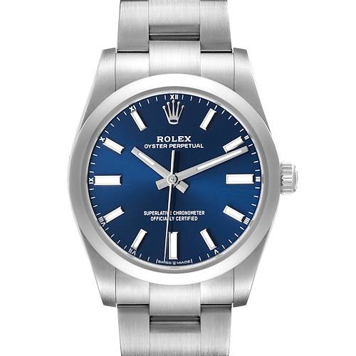 The image shows a frontal view of the Rolex Oyster Perpetual M124200-0003 Men's Stainless Steel Blue Dial watch, highlighting the dial, case, and bracelet.
