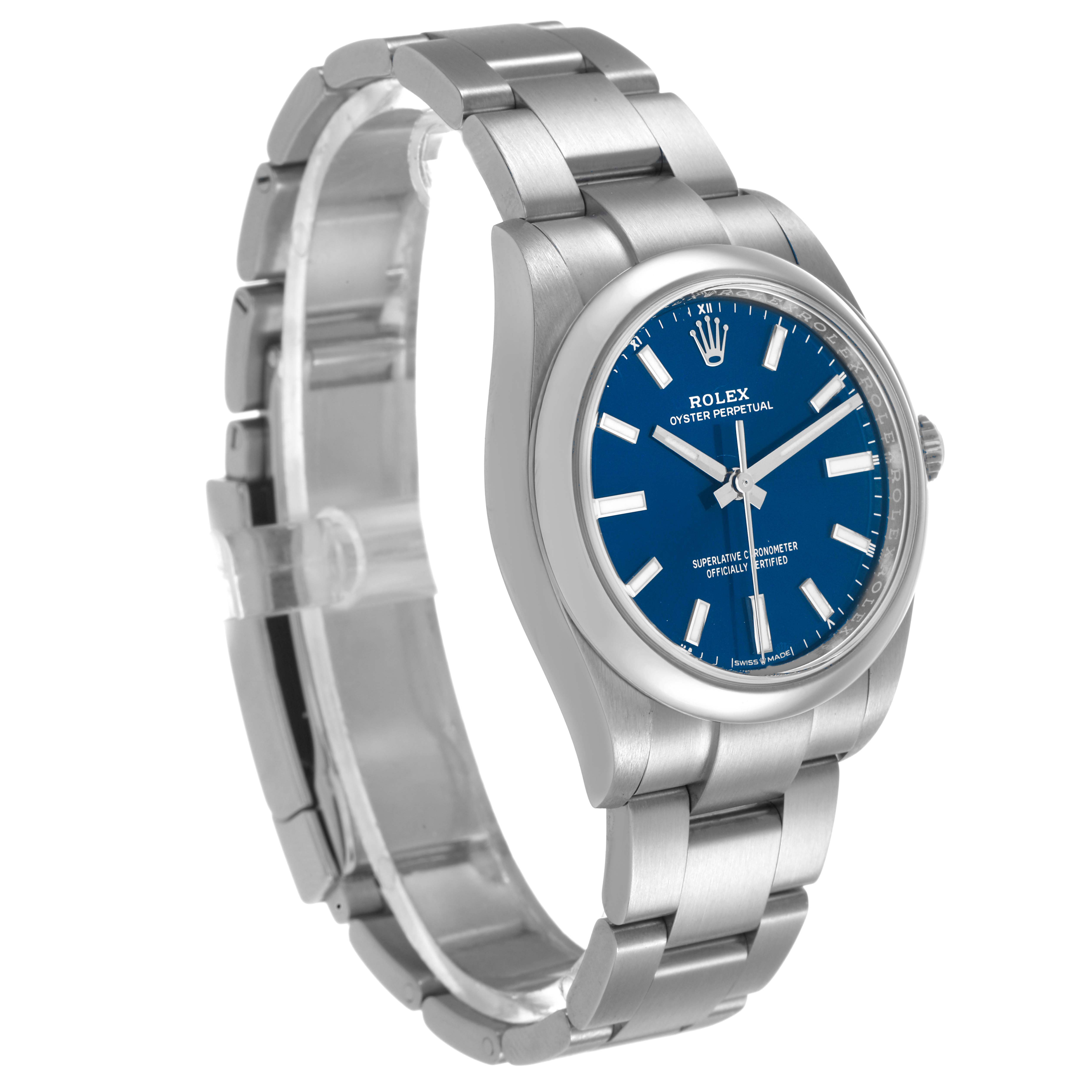 The Rolex Oyster Perpetual M124200-0003 Men's Stainless Steel Blue Dial watch is shown at a three-quarter angle, displaying the face, bracelet, and clasp.
