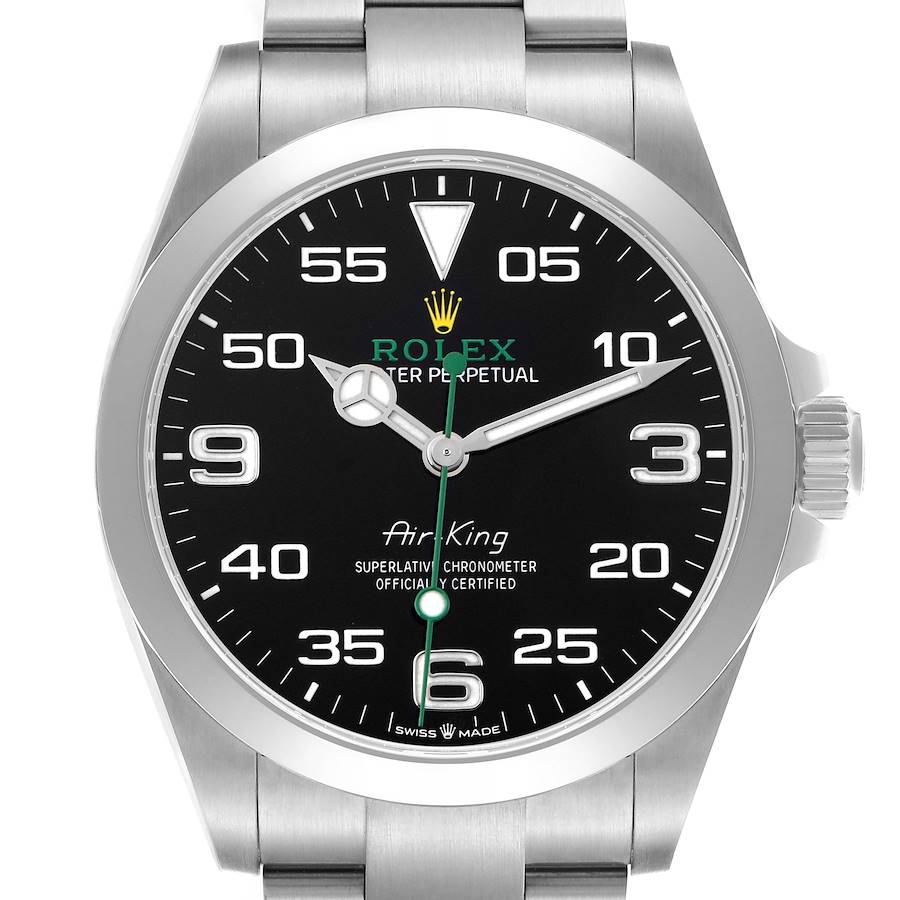 The image shows a front view of a Rolex Air-King watch, highlighting its black dial, numerals, hands, and bracelet.