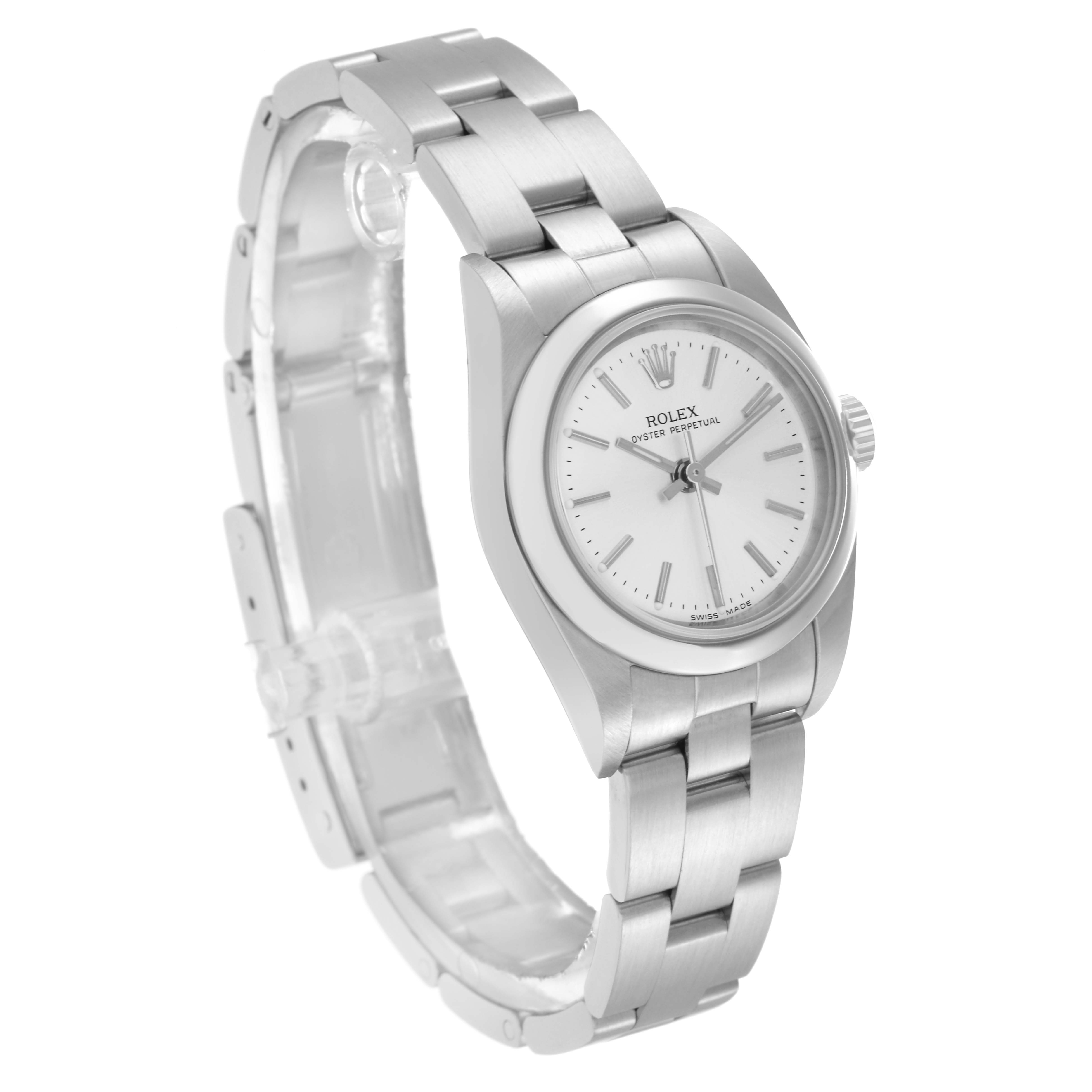 The Rolex Oyster Perpetual 76080 Women's Stainless Steel Silver Dial 76080 Women's Stainless Steel Silver Dial watch is shown at a three-quarter angle, highlighting the dial, bezel, bracelet, and crown.
