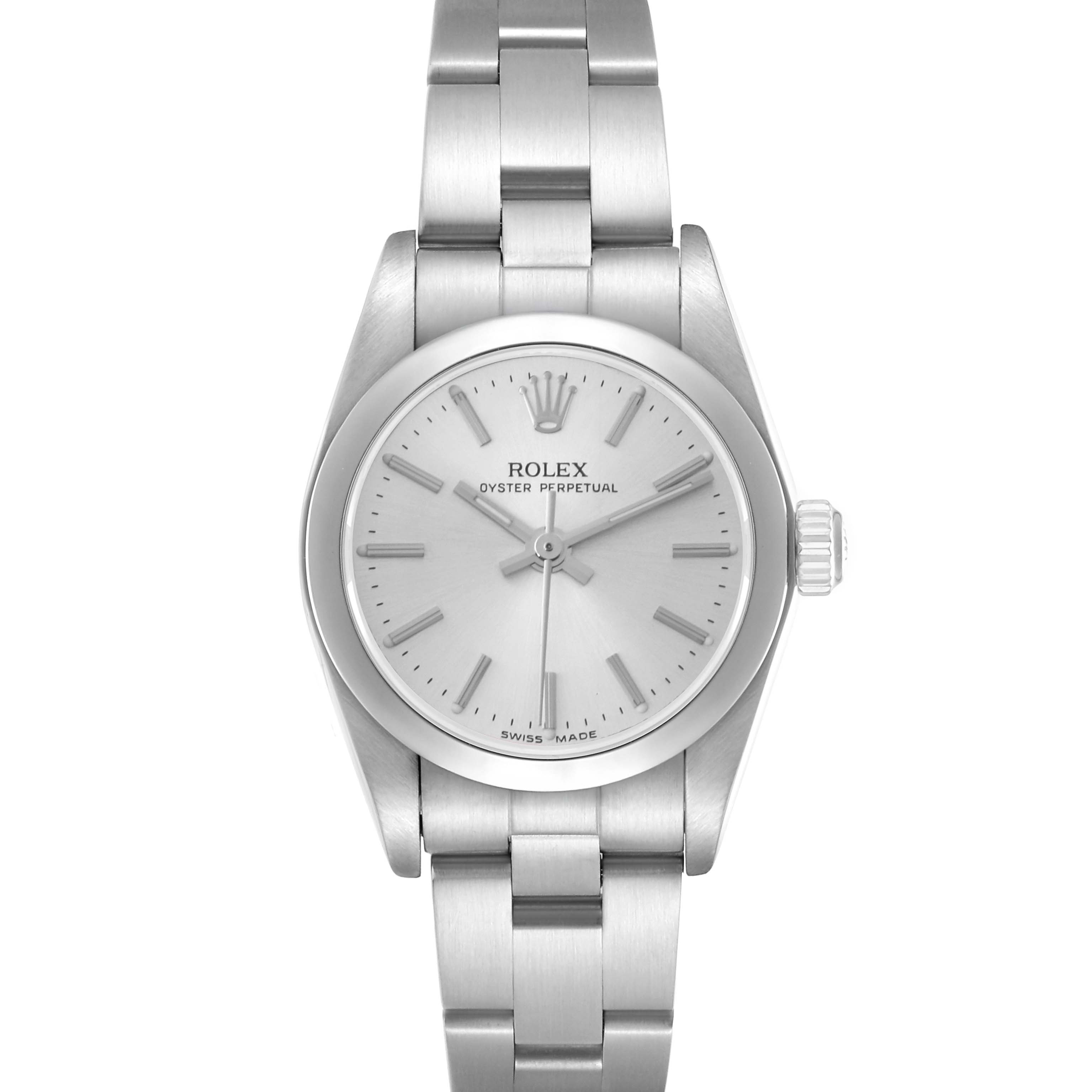 The Rolex Oyster Perpetual 76080 Women's Stainless Steel Silver Dial 76080 Women's Stainless Steel Silver Dial watch is shown from a frontal angle, displaying the face, bezel, and bracelet.