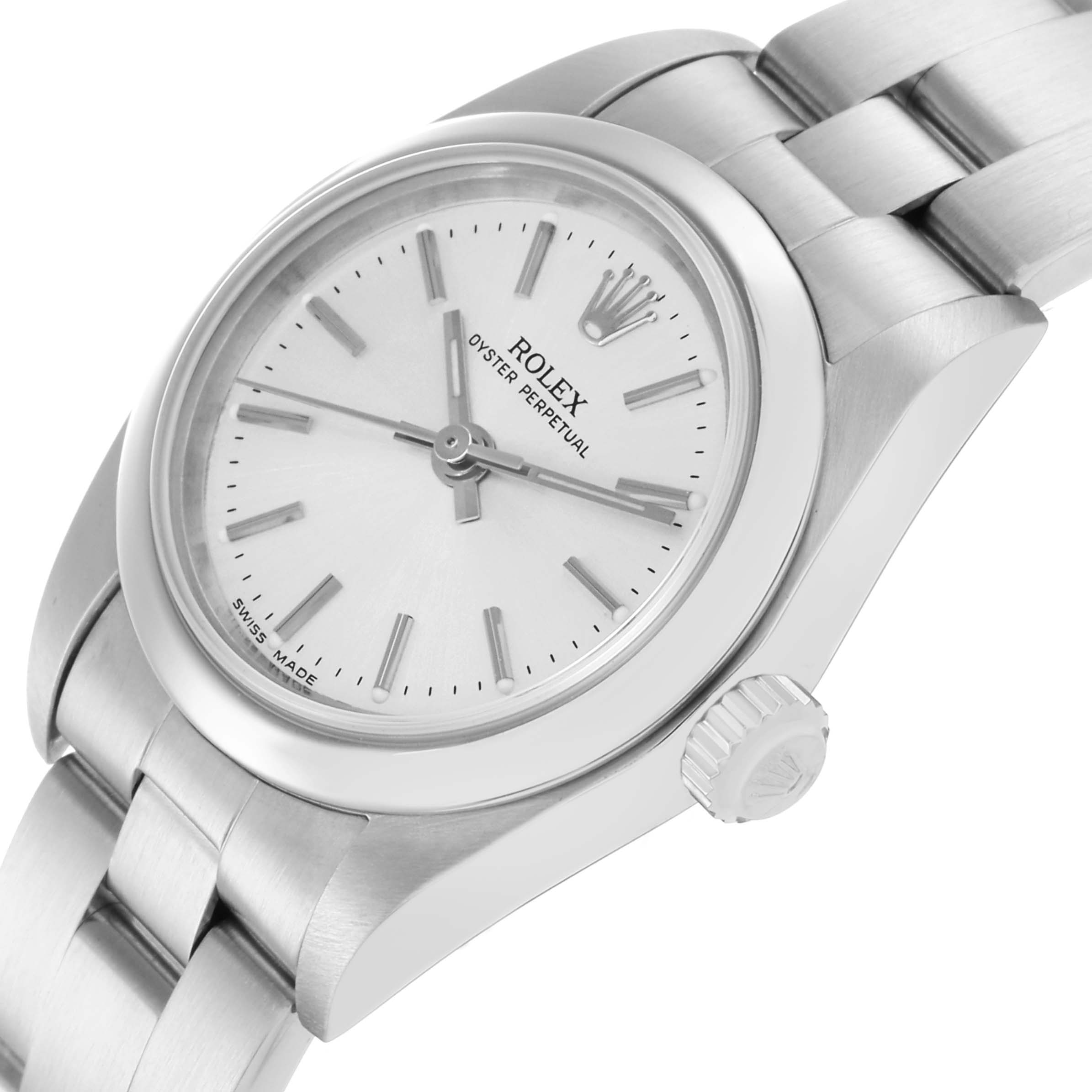 The Rolex Oyster Perpetual 76080 Women's Stainless Steel Silver Dial 76080 Women's Stainless Steel Silver Dial watch is shown at an angle highlighting the dial, crown, and bracelet.