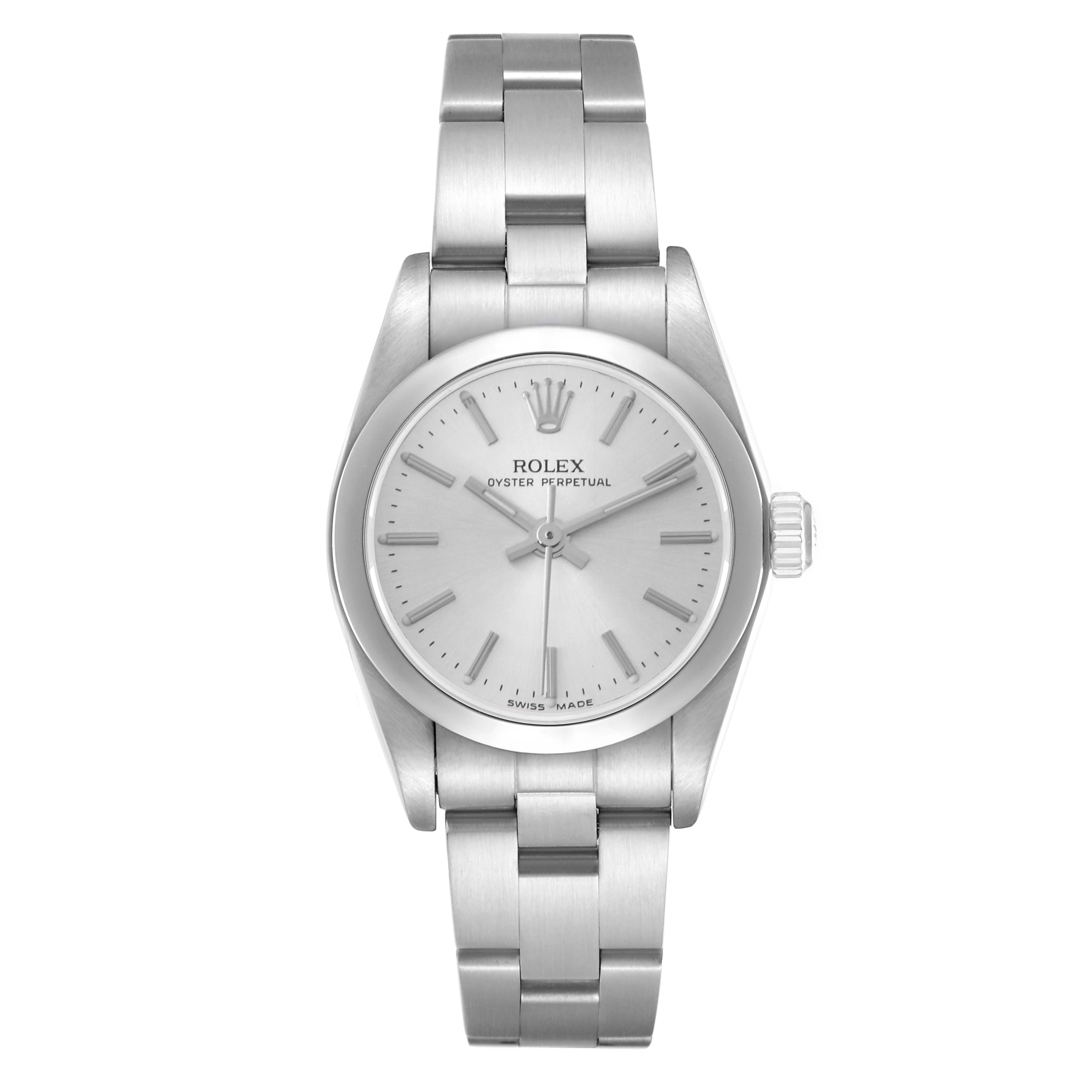 The Rolex Oyster Perpetual 76080 Women's Stainless Steel Silver Dial 76080 Women's Stainless Steel Silver Dial watch is shown in a front view, displaying the full face, bezel, crown, and bracelet.