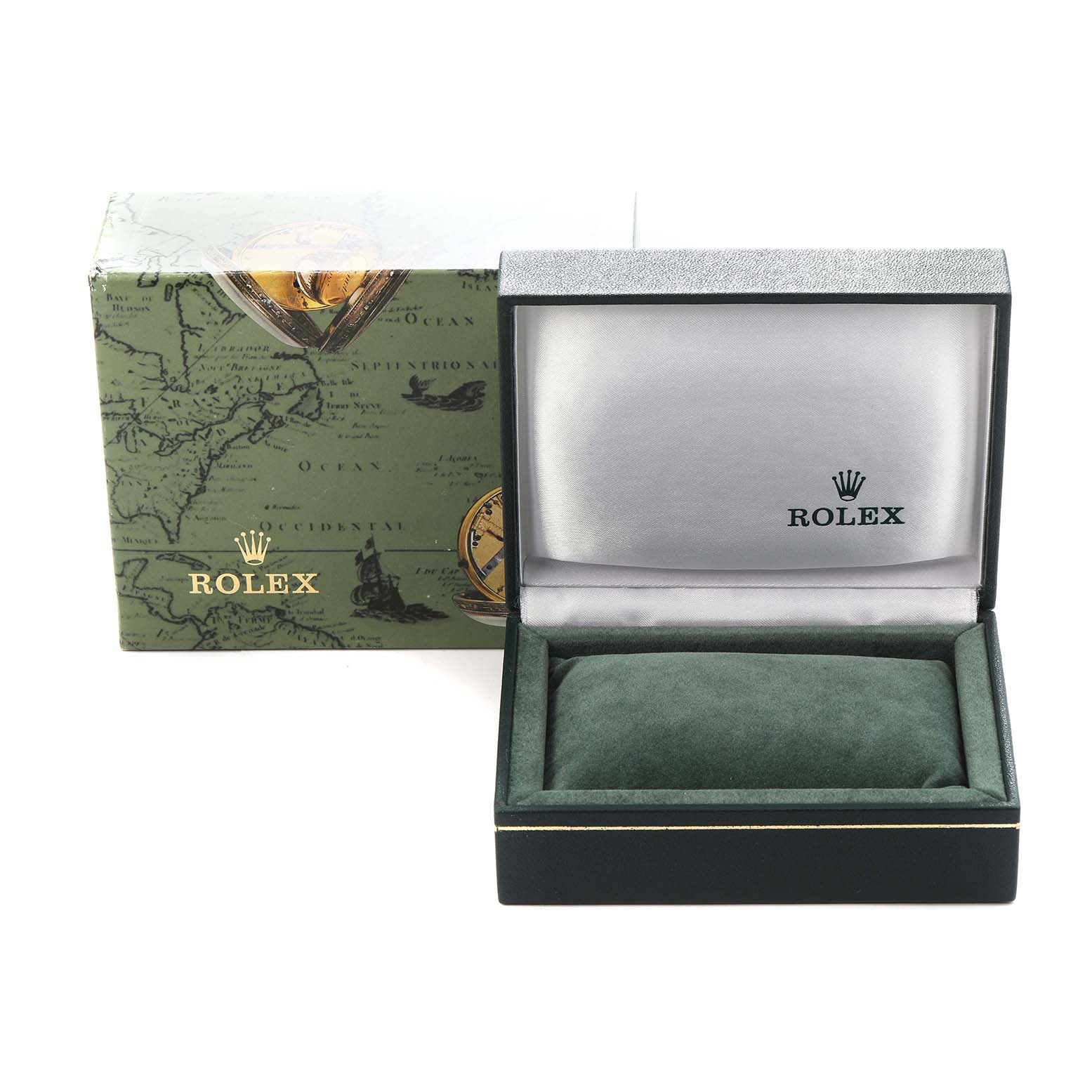 The image shows a Rolex Oyster Perpetual 76080 Women's Stainless Steel Silver Dial 76080 Women's Stainless Steel Silver Dial watch box, lid open, displaying the interior cushioning, alongside its ornate outer box.