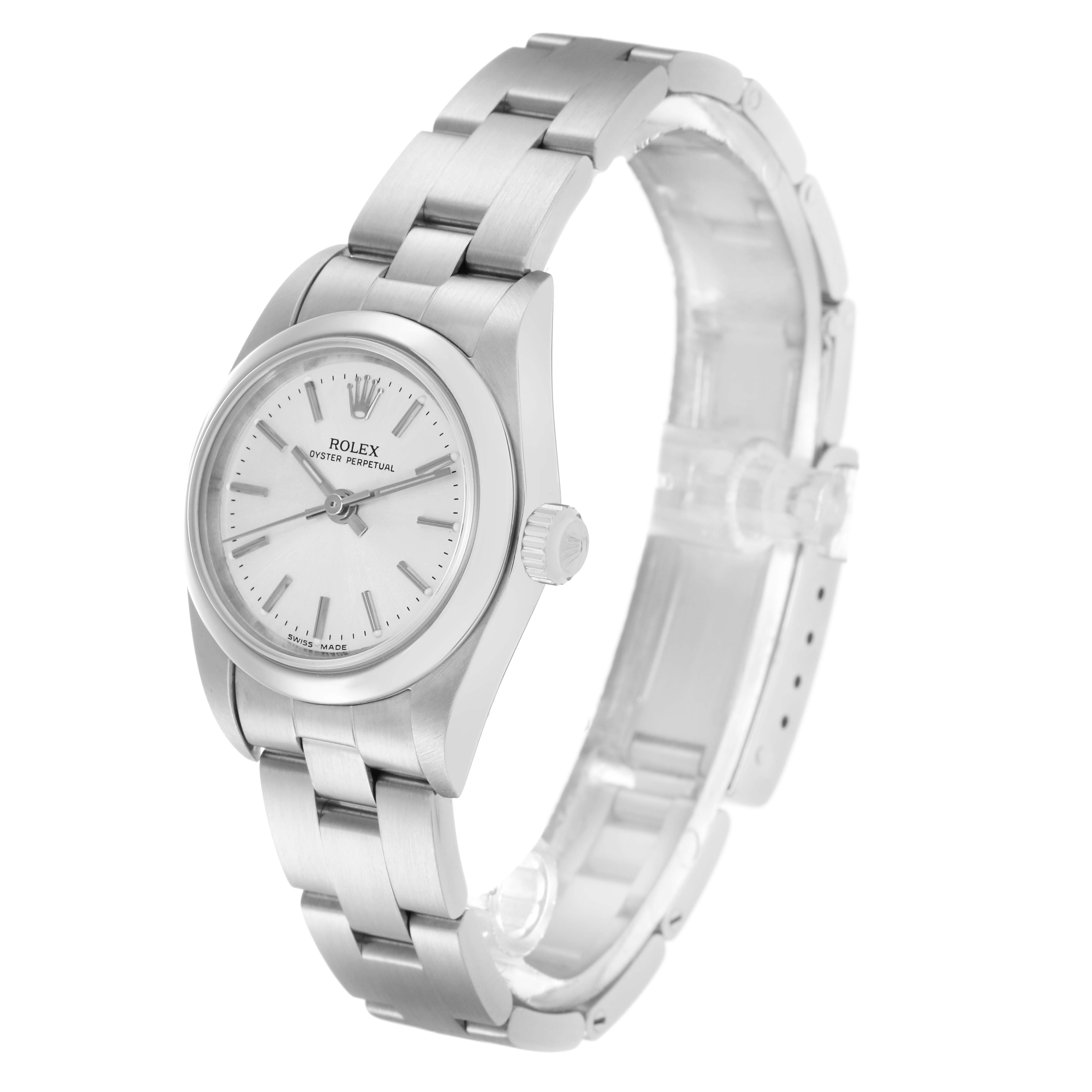 The Rolex Oyster Perpetual 76080 Women's Stainless Steel Silver Dial 76080 Women's Stainless Steel Silver Dial watch is shown at an angled side view highlighting the dial, bezel, crown, and bracelet links.