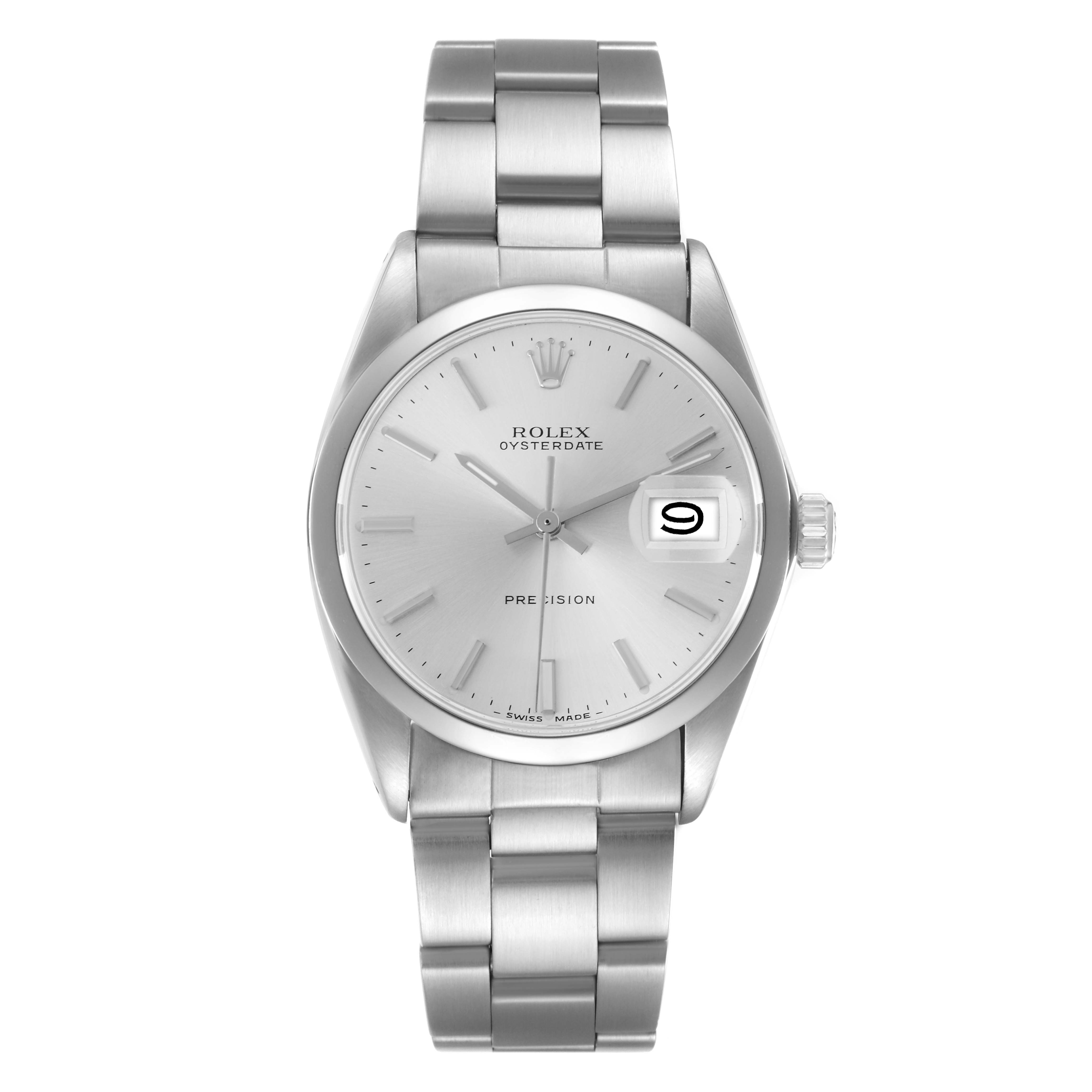 The Rolex Vintage Collection 6694 Men
s Stainless Steel Silver Dial 6694 Men
s Stainless Steel Silver Dial watch is shown from a front angle, displaying the dial, date, bezel, case, and bracelet.