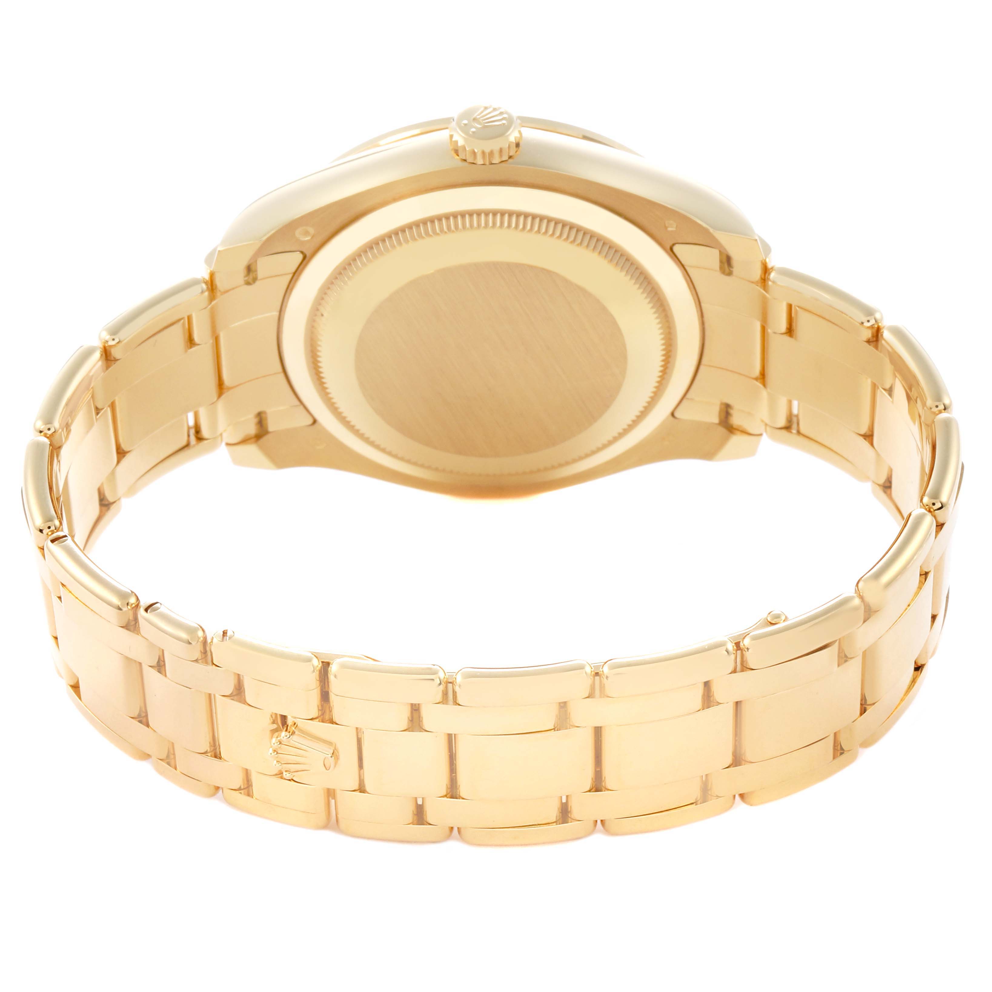 The Rolex Pearlmaster 86348 Men
s Yellow Gold Champagne Dial 86348 Men
s Yellow Gold Champagne Dial watch is shown from the rear, highlighting the case back, crown, and bracelet.