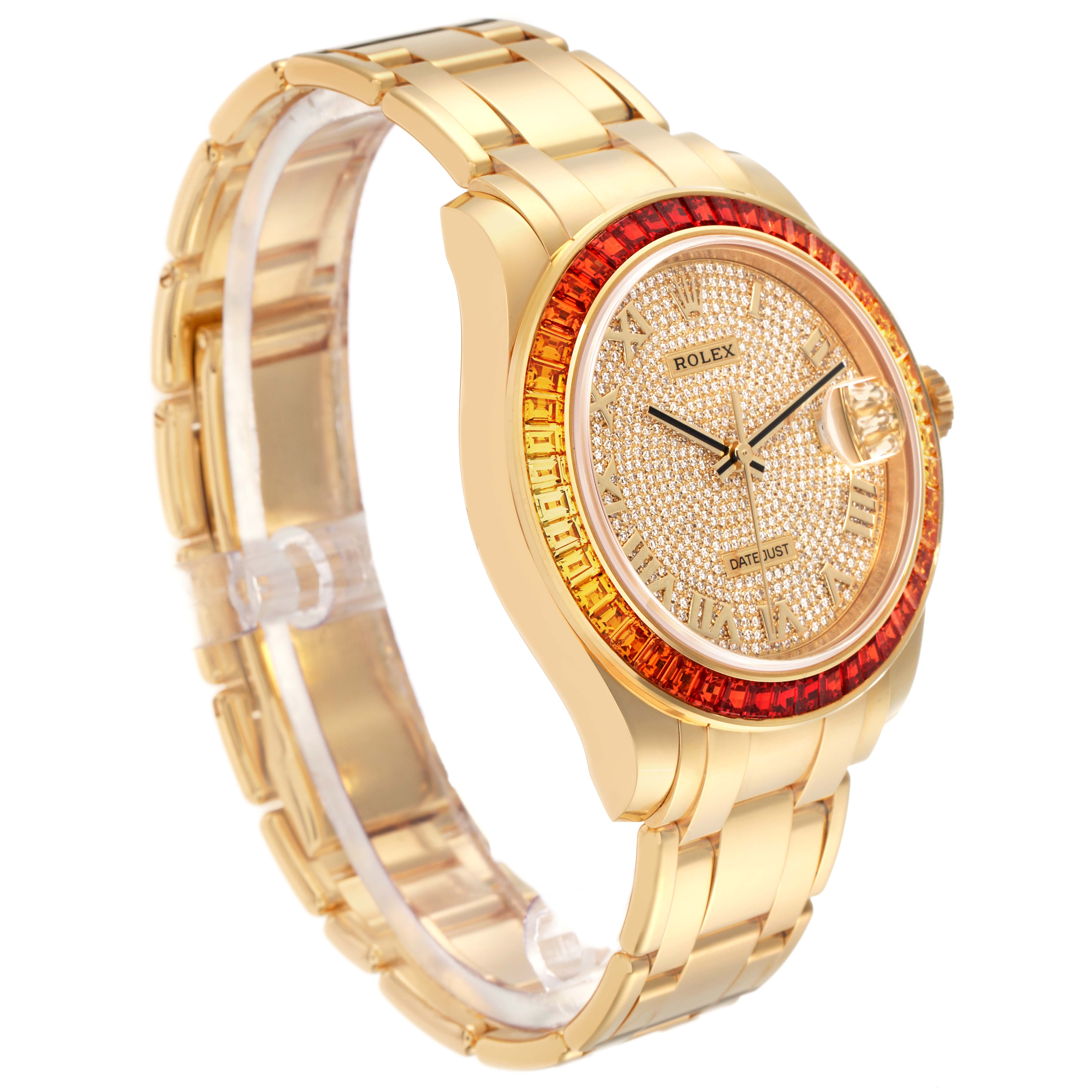 The Rolex Pearlmaster 86348 Men
s Yellow Gold Champagne Dial 86348 Men
s Yellow Gold Champagne Dial watch is shown at a three-quarter angle, displaying the face, bezel, and bracelet.