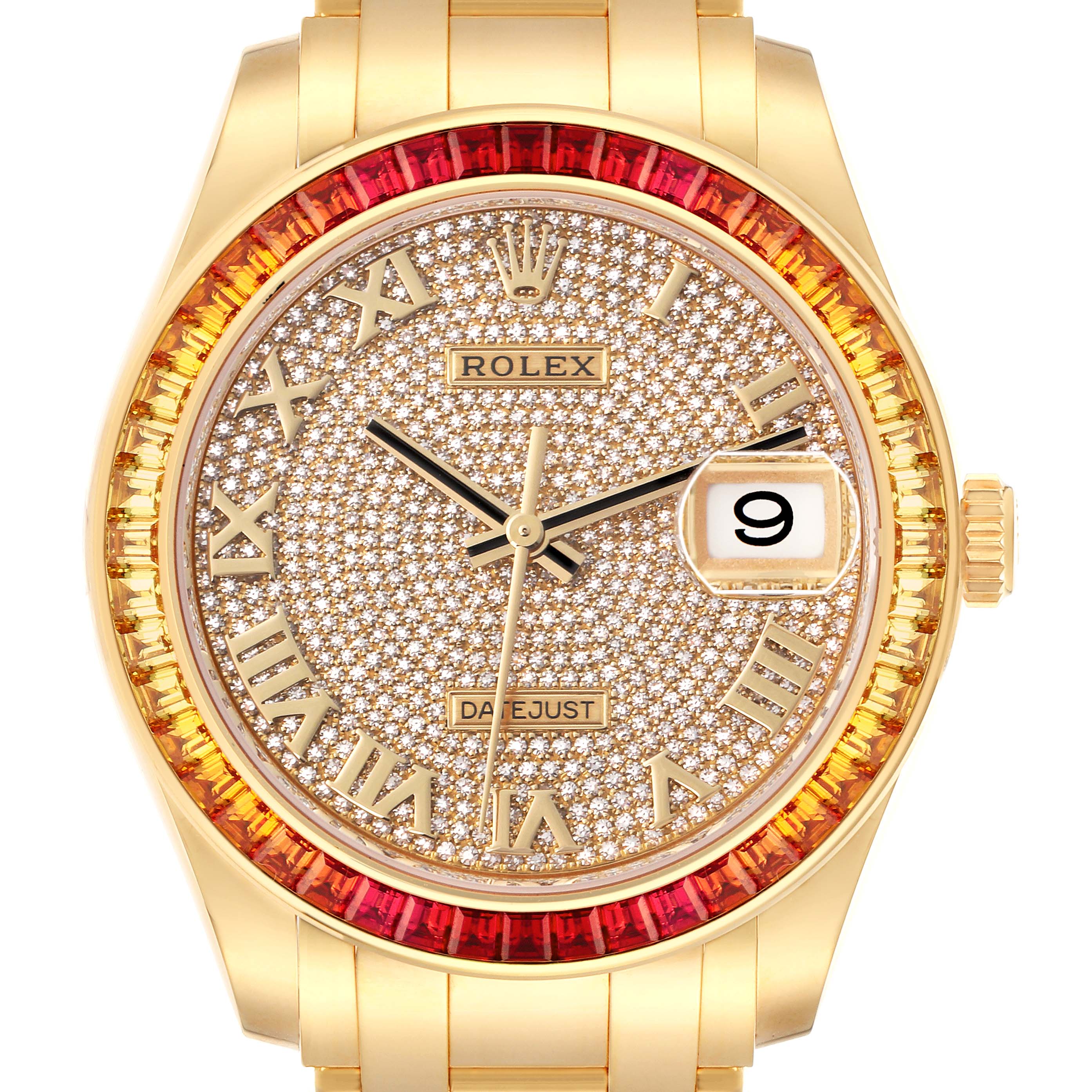 The Rolex Pearlmaster 86348 Men
s Yellow Gold Champagne Dial 86348 Men
s Yellow Gold Champagne Dial watch is shown from a front angle, highlighting the diamond-studded dial, the colorful bezel, and the date feature.