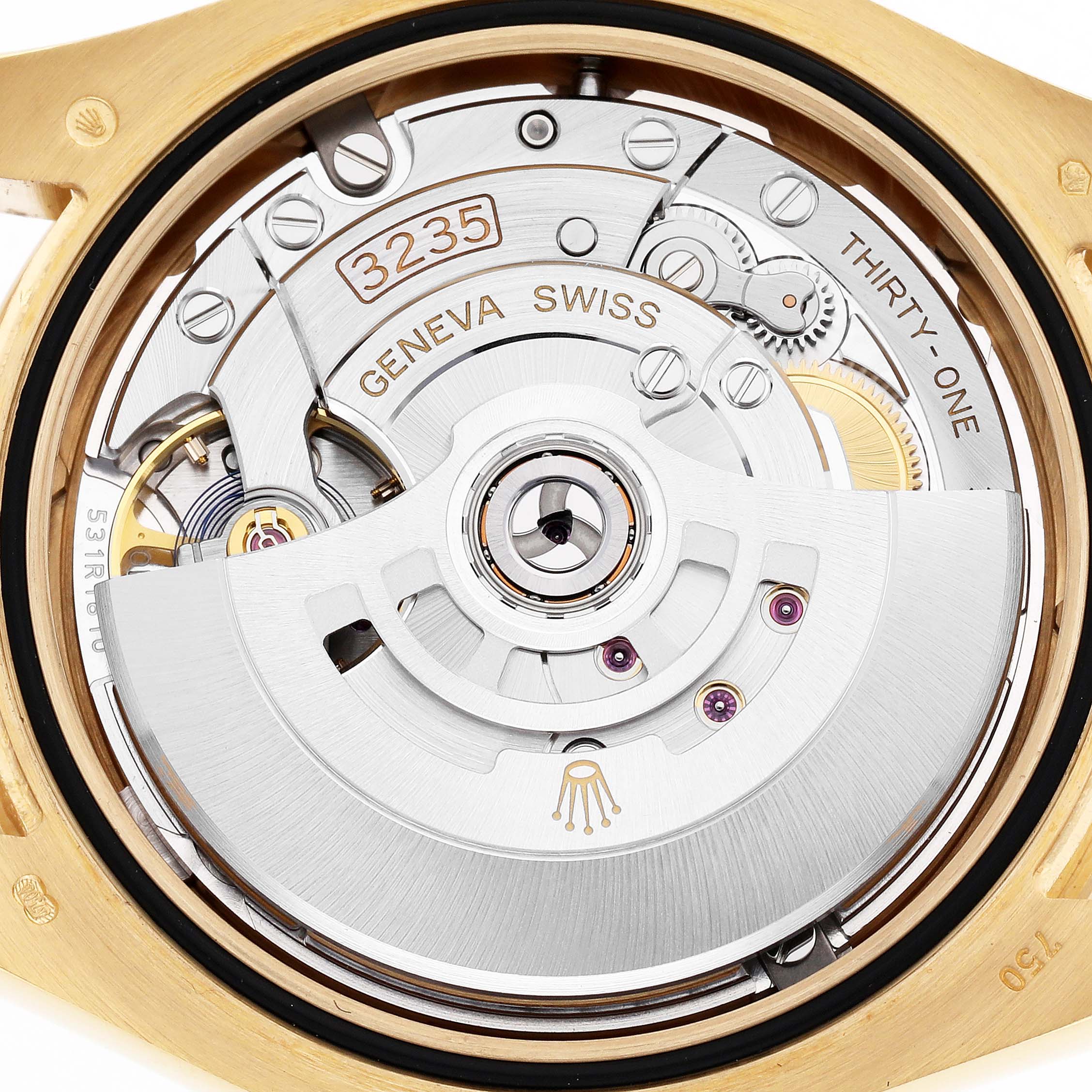 The image shows a close-up of the Rolex Pearlmaster 86348 Men
s Yellow Gold Champagne Dial 86348 Men
s Yellow Gold Champagne Dial
s movement, highlighting the rotor and intricate mechanics.