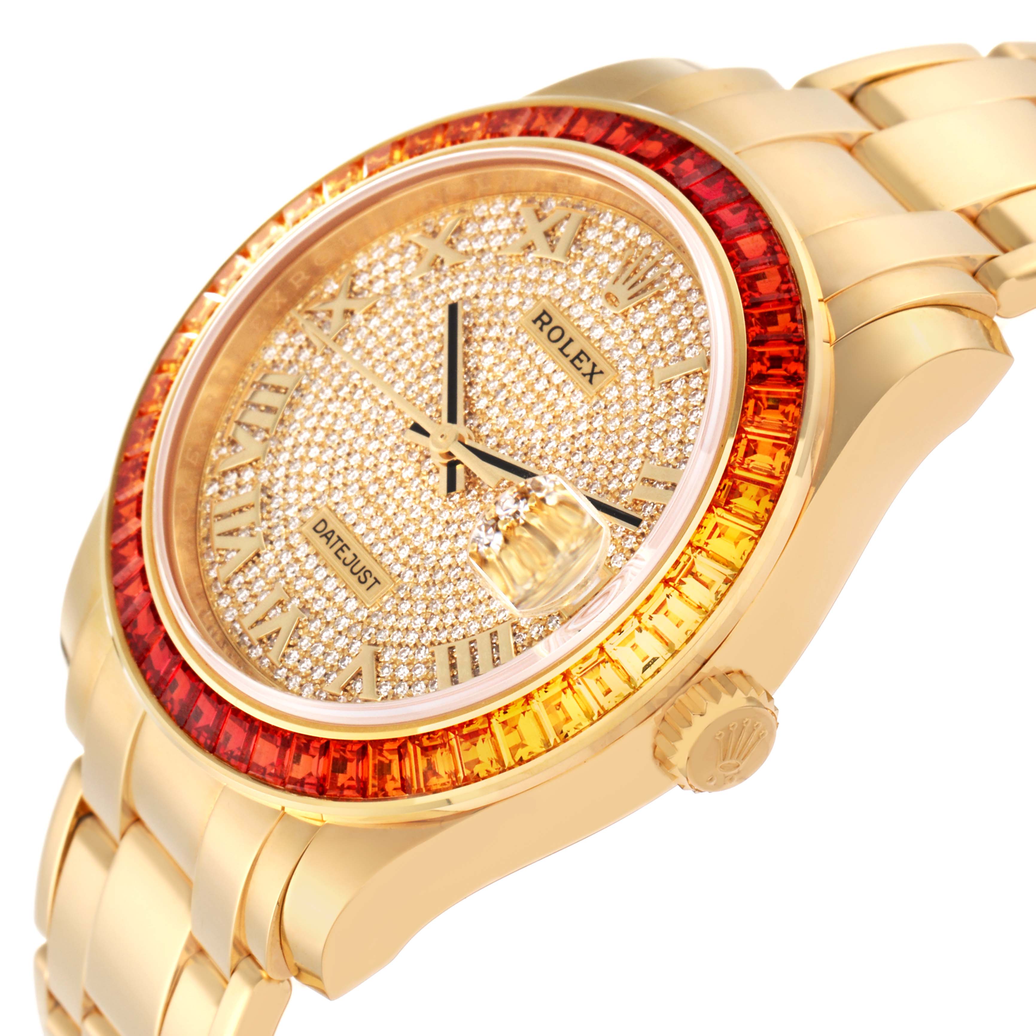 The Rolex Pearlmaster 86348 Men
s Yellow Gold Champagne Dial 86348 Men
s Yellow Gold Champagne Dial watch is shown at a three-quarter angle, displaying its gem-studded bezel, dial, and part of the bracelet.