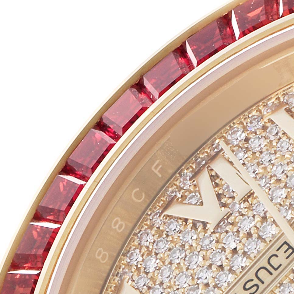 The image shows a close-up of the Rolex Pearlmaster 86348 Men
s Yellow Gold Champagne Dial 86348 Men
s Yellow Gold Champagne Dial watch, focusing on the gem-encrusted bezel and part of the diamond-set dial.