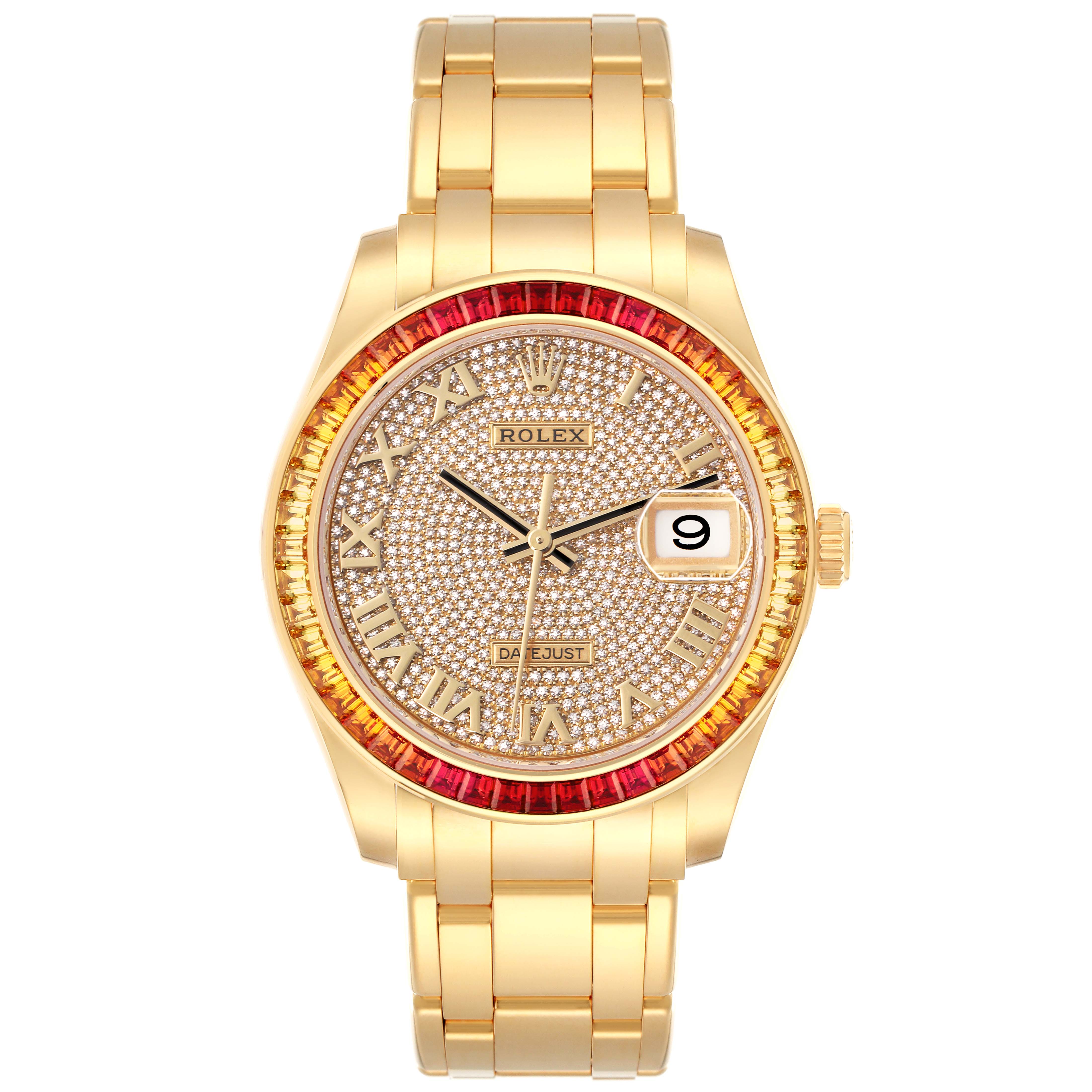 The Rolex Pearlmaster 86348 Men
s Yellow Gold Champagne Dial 86348 Men
s Yellow Gold Champagne Dial watch is shown from a front angle, highlighting the watch face, bezel, bracelet, and crown.